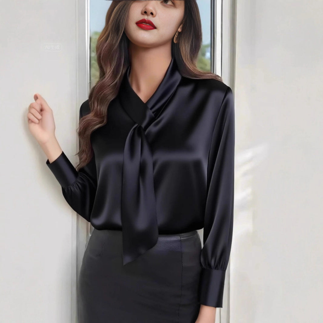 Autumn Solid Color Fashion Design Sense Streamer Long Sleeve Shirt Women's Clothing