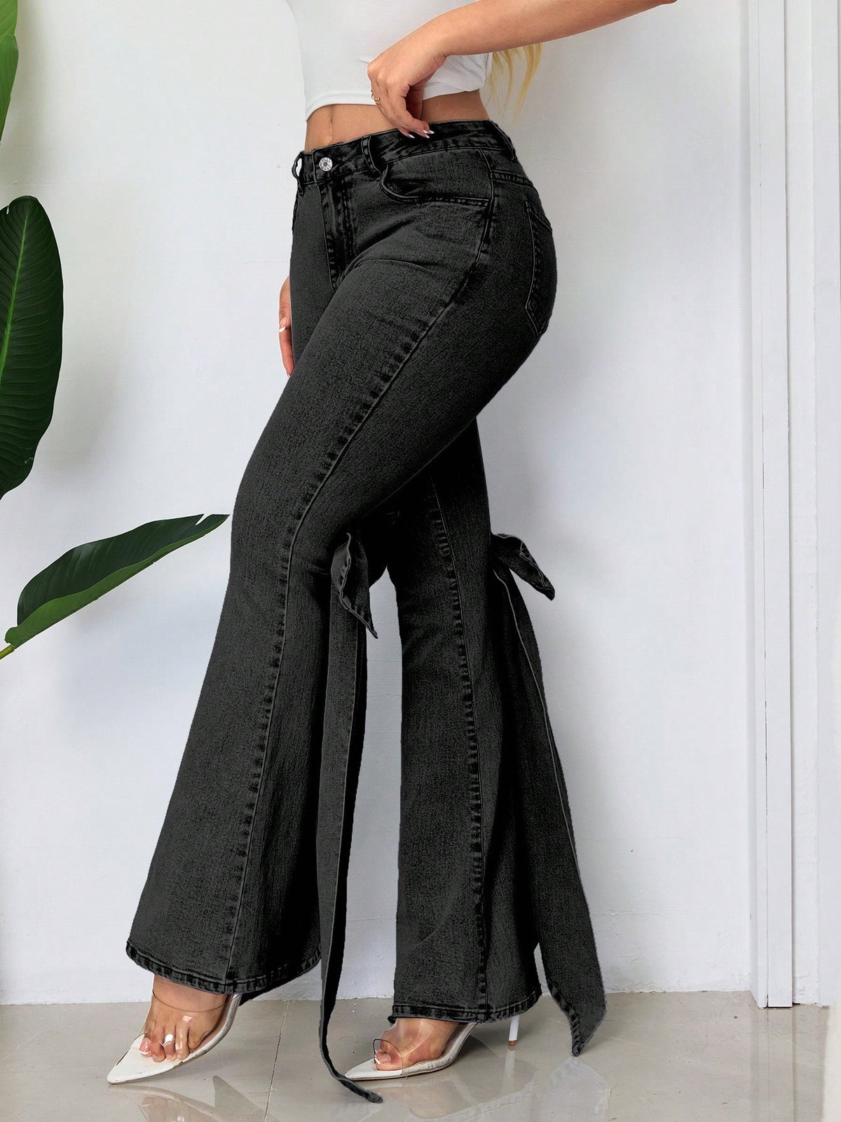 Three-dimensional Bow Slim-fit Mid-stretch Mop Horn Denim Trousers