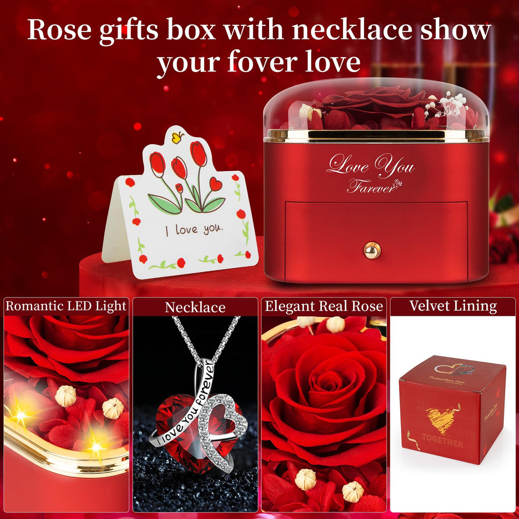 Lebana Preserved Red Real Rose with Heart Necklace -Eternal Flowers Rose Birthday Gifts for Women Wife Mom Girlfriend Grandma Gifts Idea on Christmas Valentines Mothers Day for Her-Red