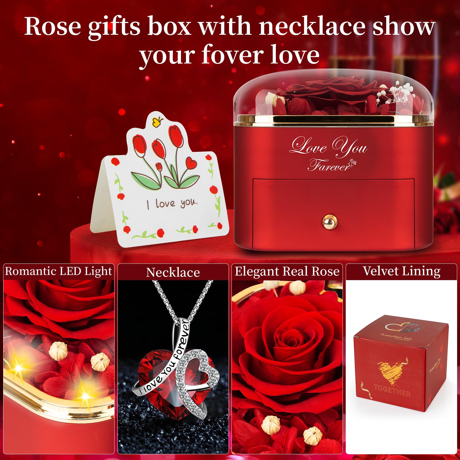 Lebana Preserved Red Real Rose with Heart Necklace -Eternal Flowers Rose Birthday Gifts for Women Wife Mom Girlfriend Grandma Gifts Idea on Christmas Valentines Mothers Day for Her-Red