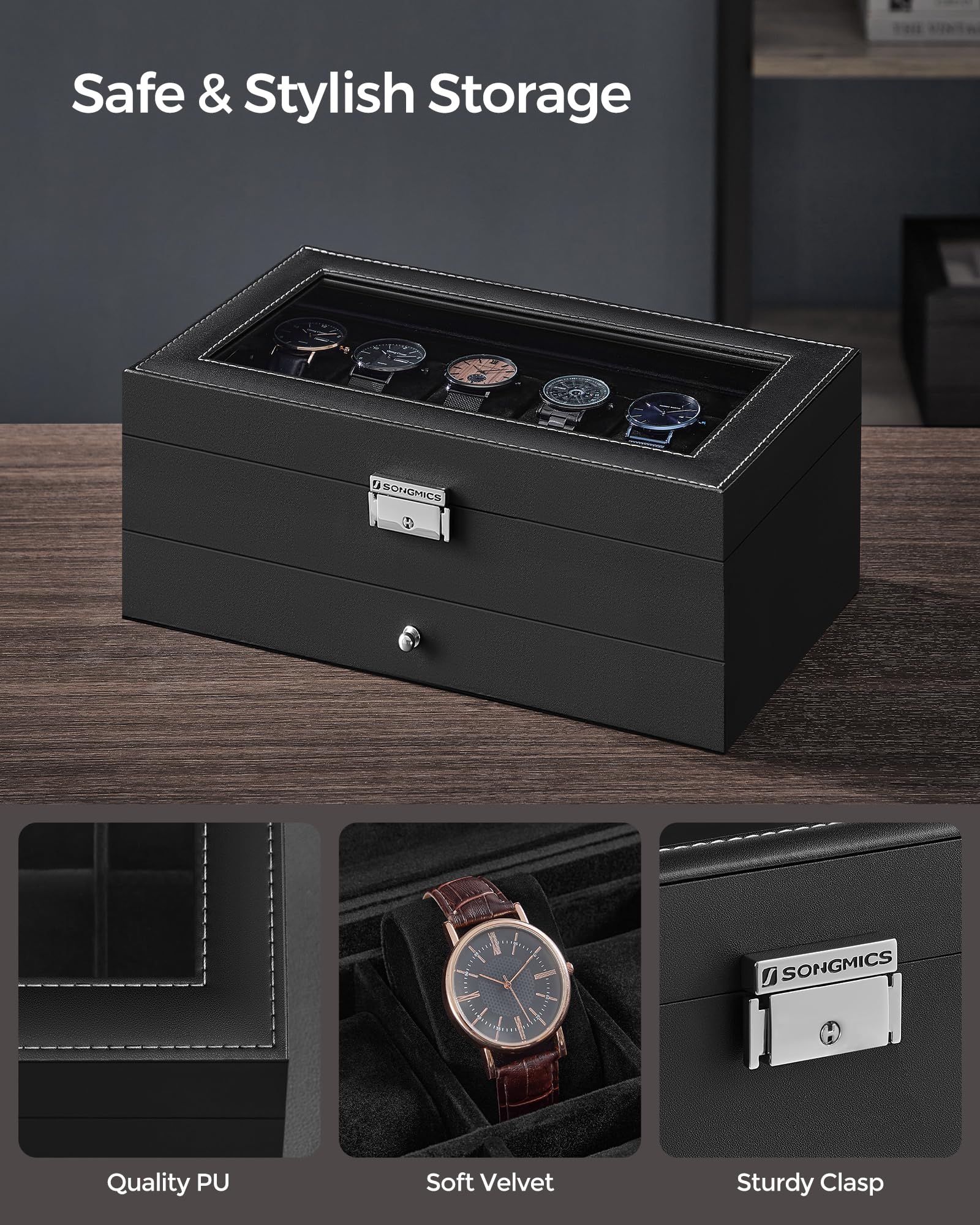 SONGMICS Watch Box, 12-Slot Watch Case Organizer with Large Glass Lid, 2 Layers, Removable Pillows, Metal Lock, Gift for Loved Ones, Black Synthetic Leather, Black Lining UJWB012B03