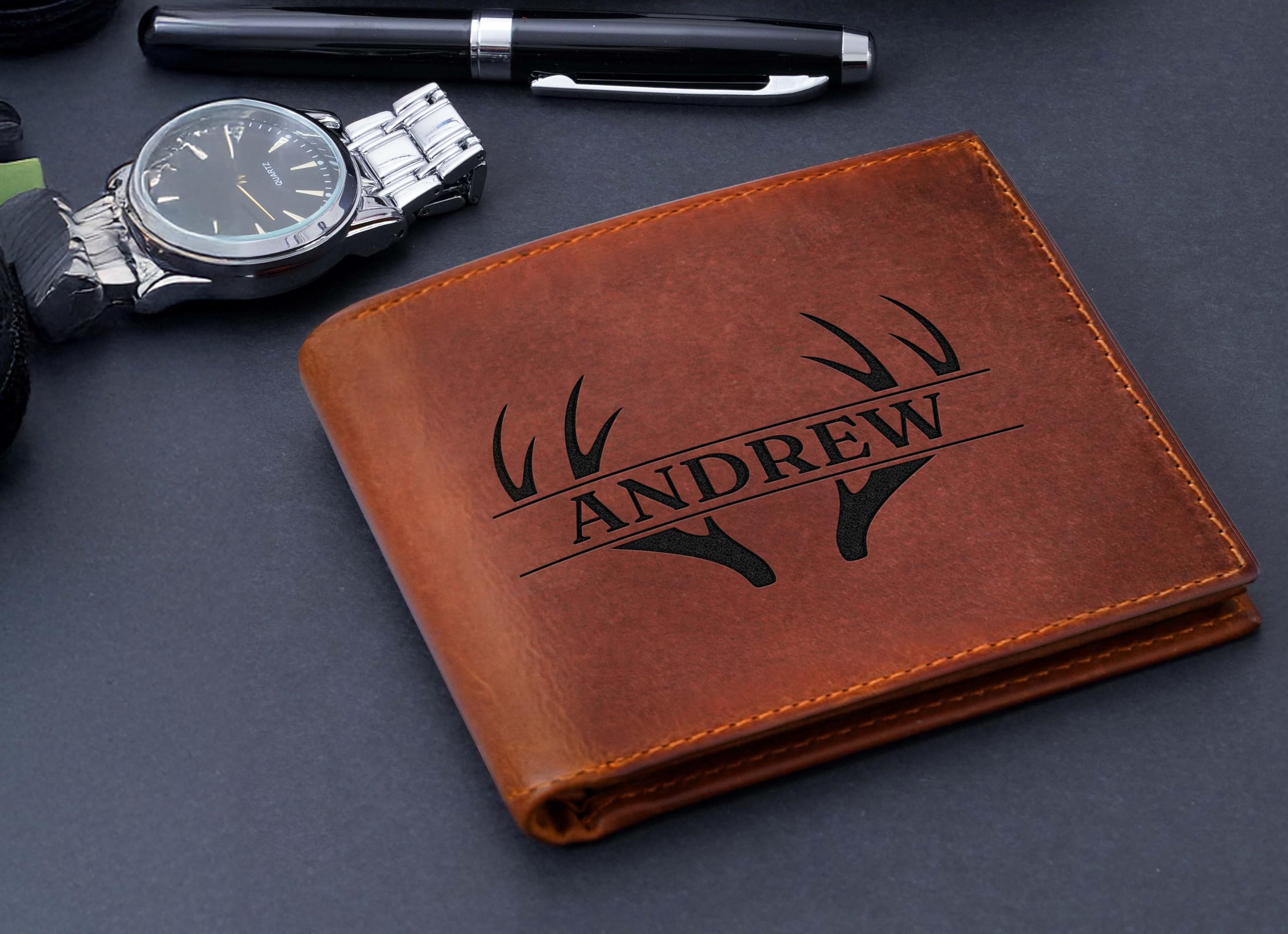 Personalized Leather Wallet for Men, Custom Monogram Gift Wallet for Mens, Birthday Present for Dad, Son, Grandfather, Boyfriend, Father's Day, Wedding Anniversary, Birthday, Graduation, Christmas