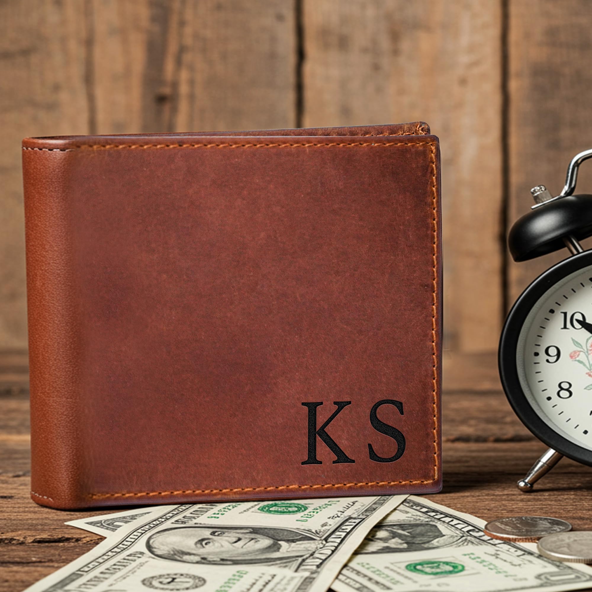 Personalized Leather Wallet for Men, Custom Monogram Gift Wallet for Mens, Birthday Present for Dad, Son, Grandfather, Boyfriend, Father's Day, Wedding Anniversary, Birthday, Graduation, Christmas