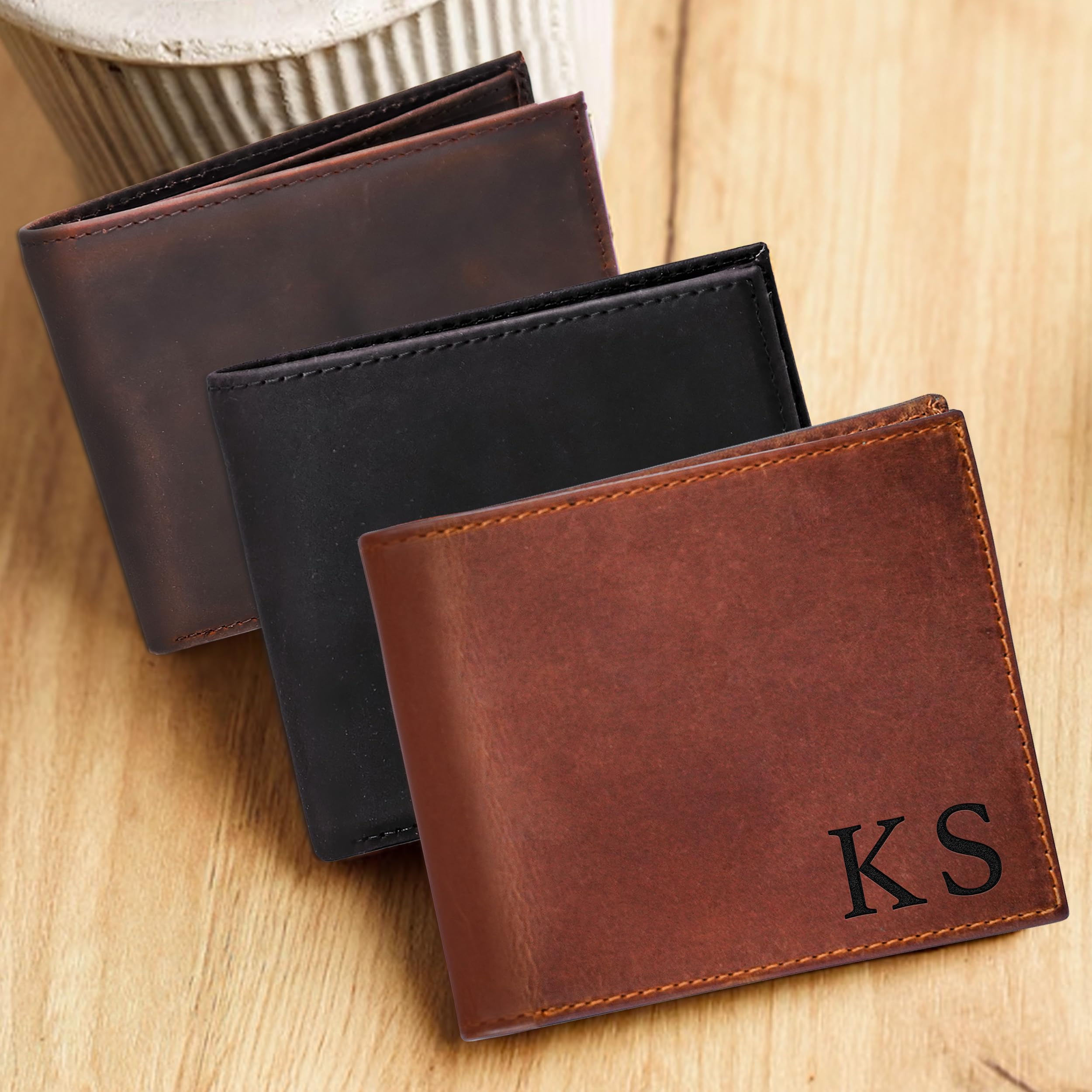Personalized Leather Wallet for Men, Custom Monogram Gift Wallet for Mens, Birthday Present for Dad, Son, Grandfather, Boyfriend, Father's Day, Wedding Anniversary, Birthday, Graduation, Christmas
