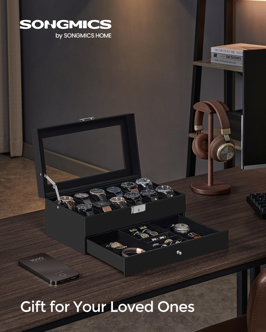 SONGMICS Watch Box, 12-Slot Watch Case Organizer with Large Glass Lid, 2 Layers, Removable Pillows, Metal Lock, Gift for Loved Ones, Black Synthetic Leather, Black Lining UJWB012B03