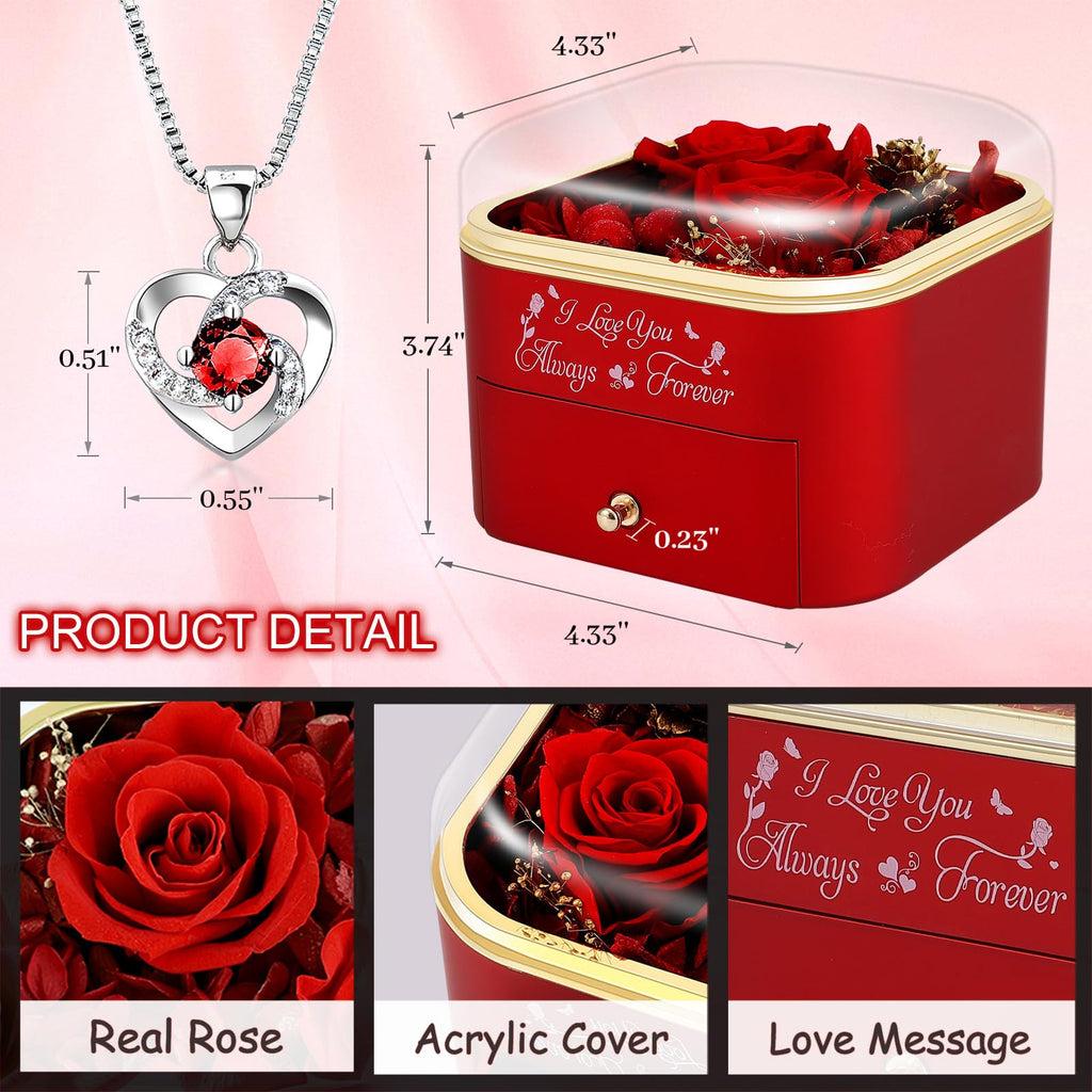 minstely Preserved Roses Jewelry Box with Heart Necklace - Eternal Rose & ‘I Love You Always & Forever’ Engraving - Luxury Gift for Mom, Wife, or Grandma on Mother’s Day