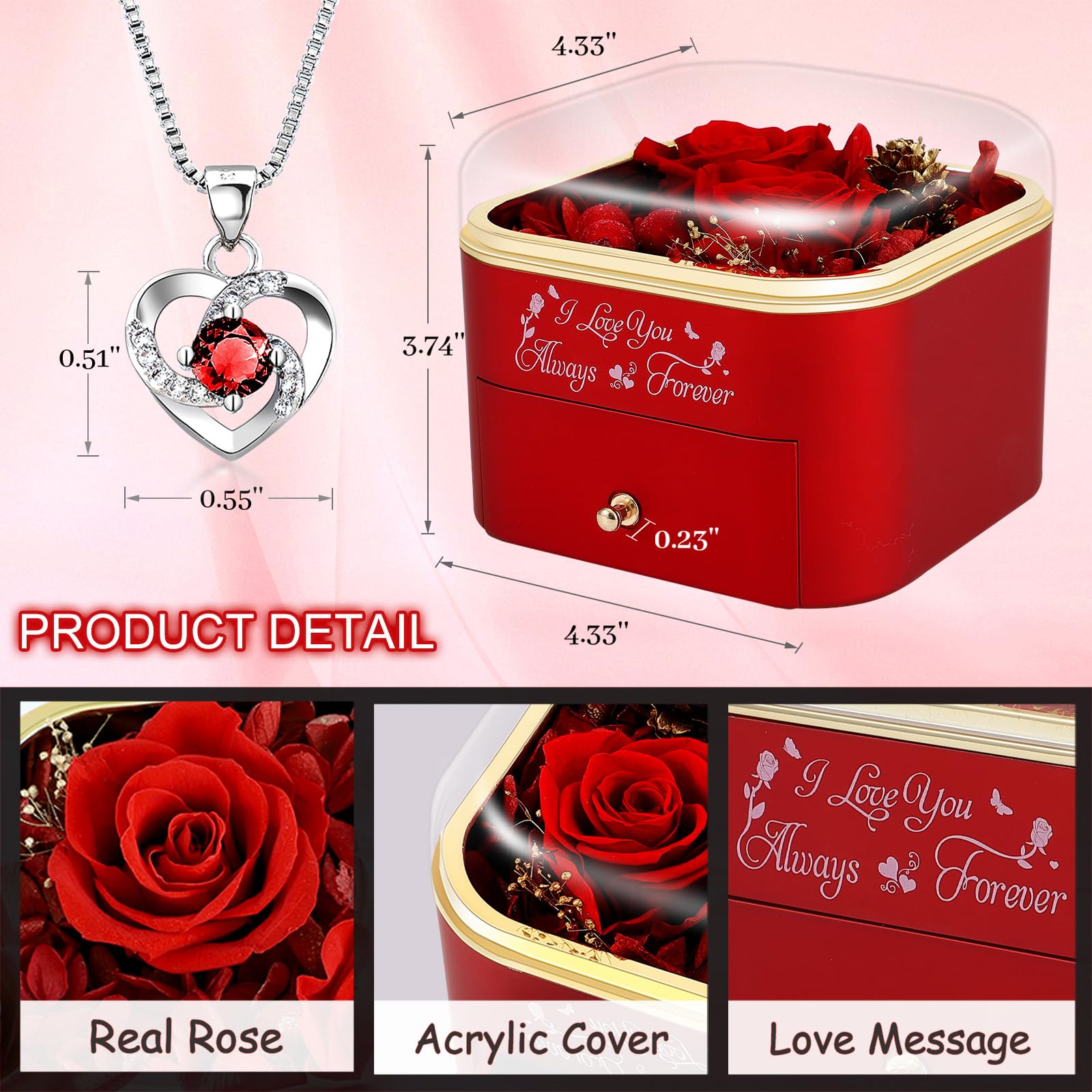 minstely Preserved Roses Jewelry Box with Heart Necklace - Eternal Rose & ‘I Love You Always & Forever’ Engraving - Luxury Gift for Mom, Wife, or Grandma on Mother’s Day