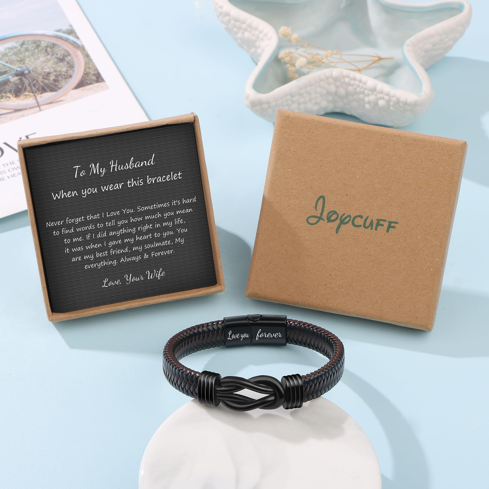 JoycuFF Anniversary Birthday Gifts for Husband Him Men from Wife, Christmas Valentines Fathers Day Ideas Gifts for Him Husband Leather Knot Bracelets for Men