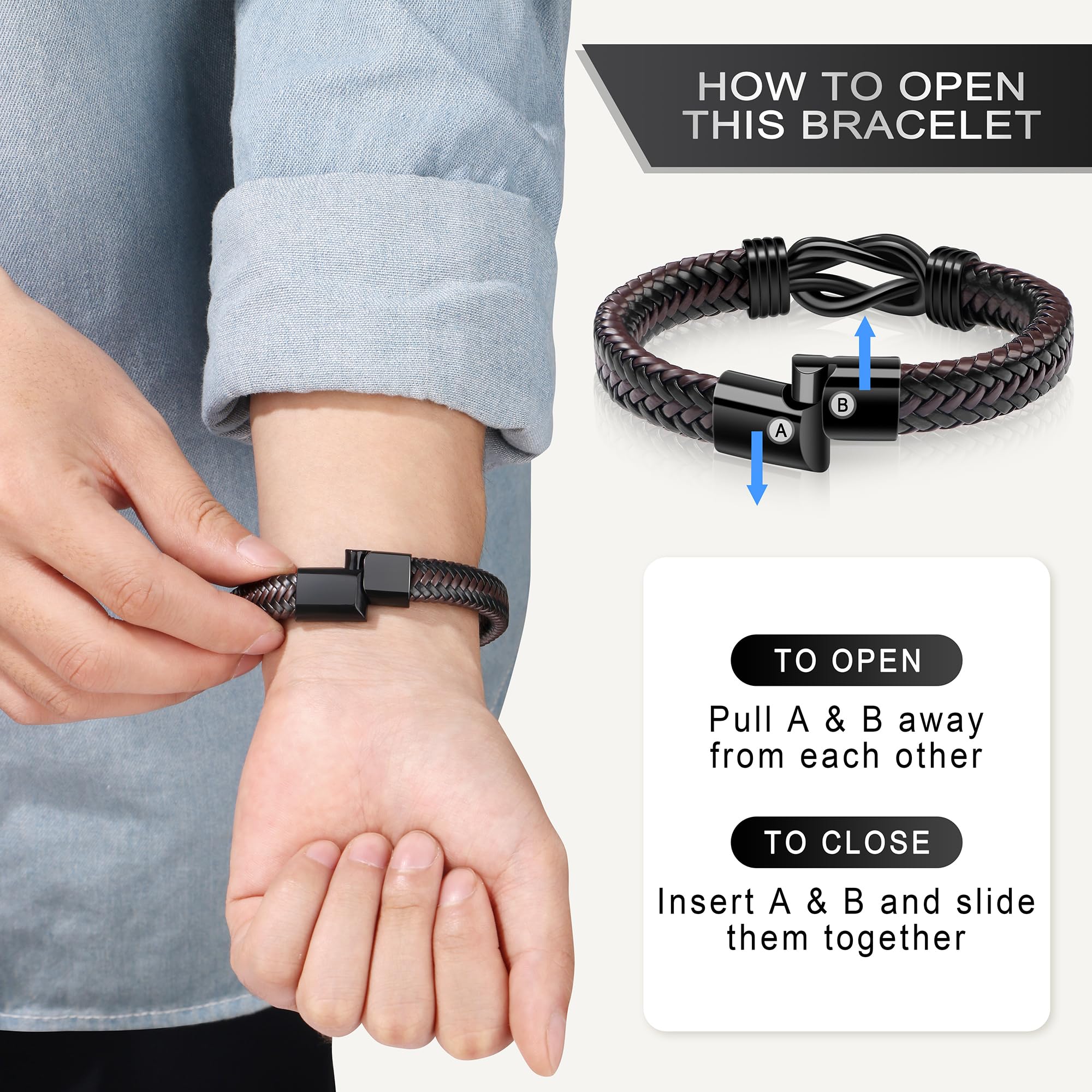 JoycuFF Anniversary Birthday Gifts for Husband Him Men from Wife, Christmas Valentines Fathers Day Ideas Gifts for Him Husband Leather Knot Bracelets for Men