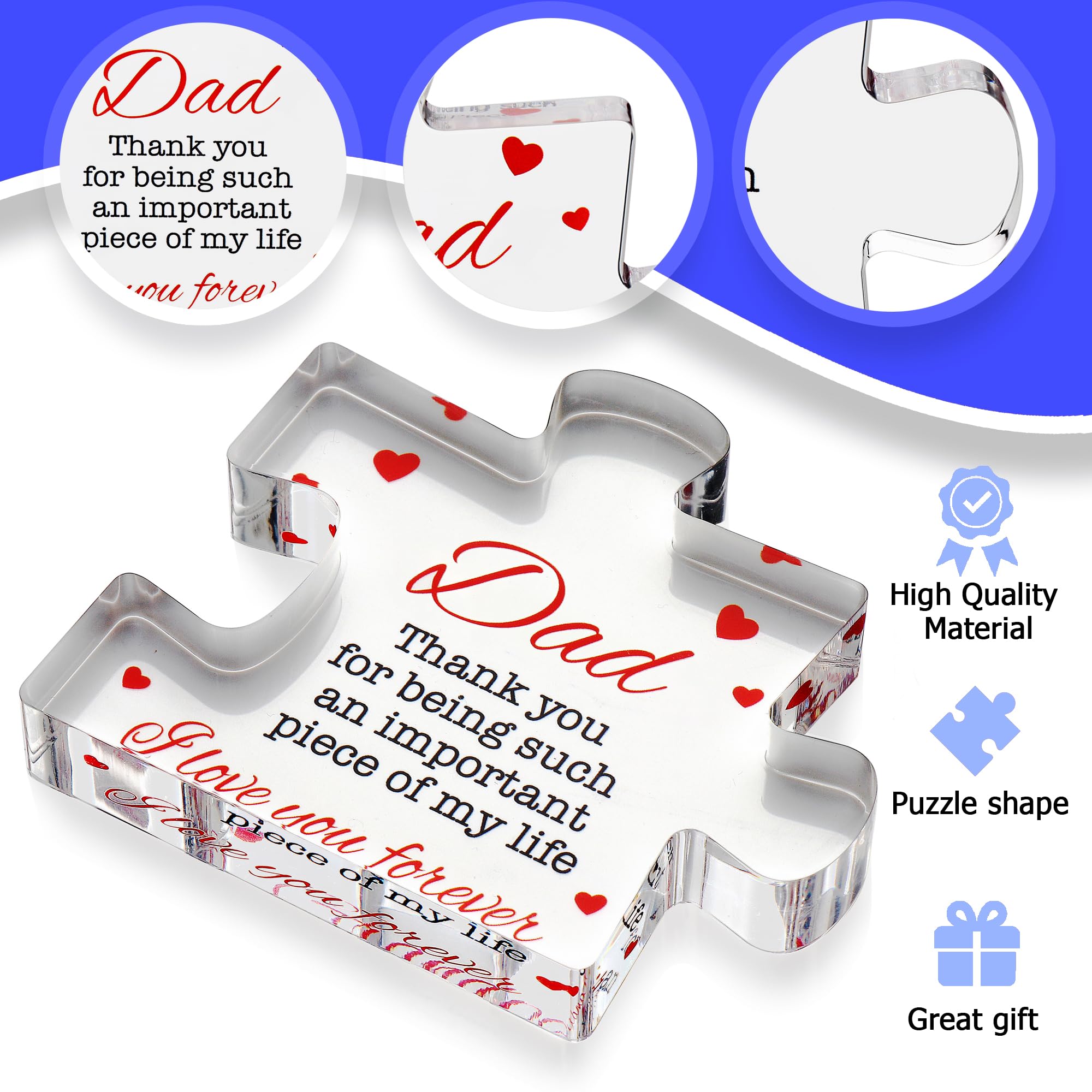 Fathers Day Dad Birthday Gift - Engraved Acrylic Block Puzzle Gifts for Dad 3.35 x 2.76 inch - Cool Father's Day Presents from Daughter, Son, Mom - Heartwarming Men Birthday Gift, Ideas