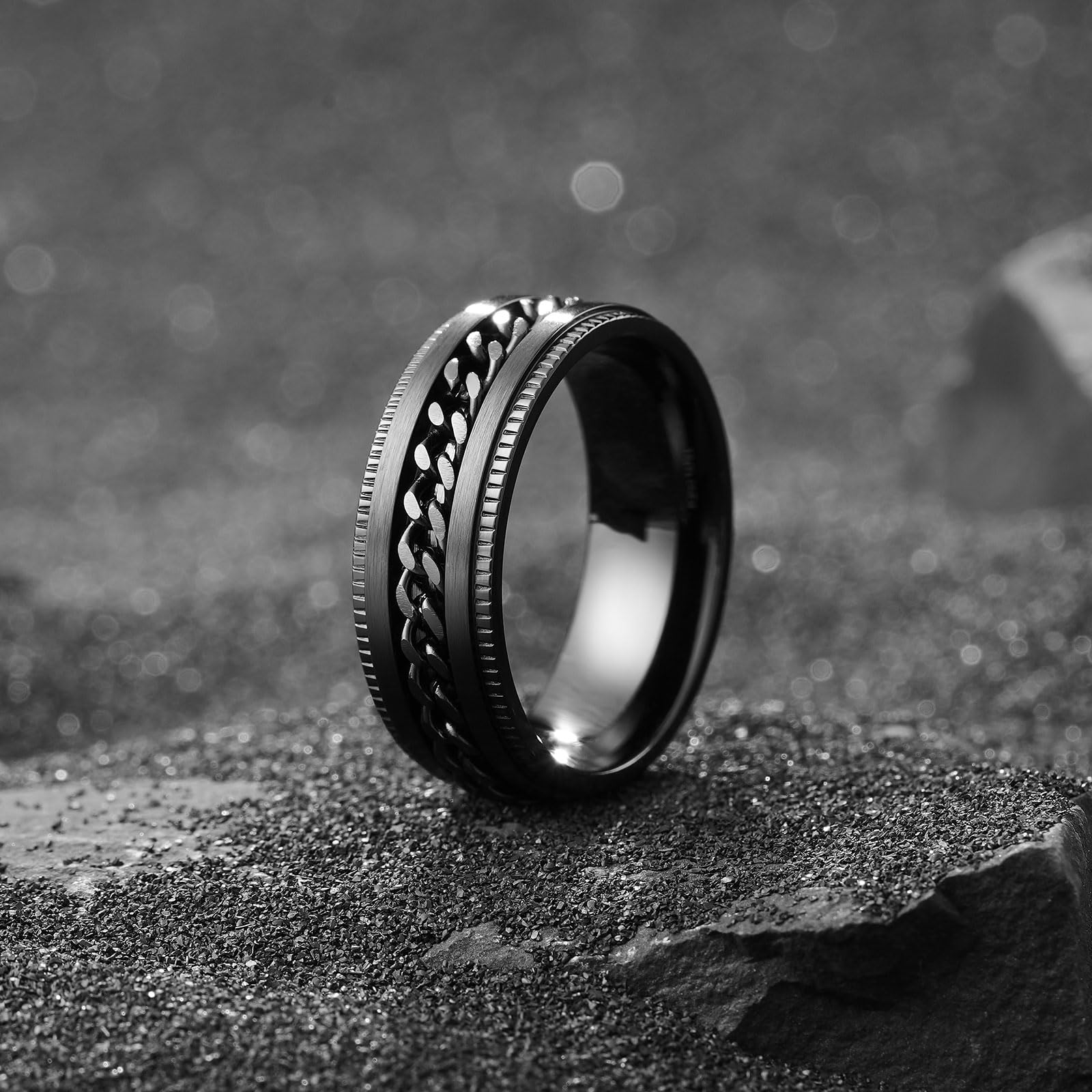 King Will 316L Stainless Steel Fidget Ring for Men Women-8mm Width Black Chain Spinner Ring, Durable Wedding Band with Stress Relief Comfort Fit Fidget Spinner Men's Jewelry Size 10