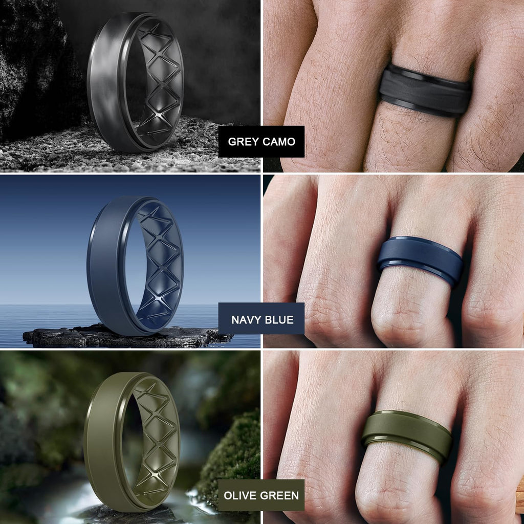 Egnaro Inner Arc Ergonomic Breathable Design, Silicone Rings Mens with Half Sizes, 7 Rings / 4 Rings / 1 Ring Rubber Wedding Bands, 8.5mm Wide-2mm Thick