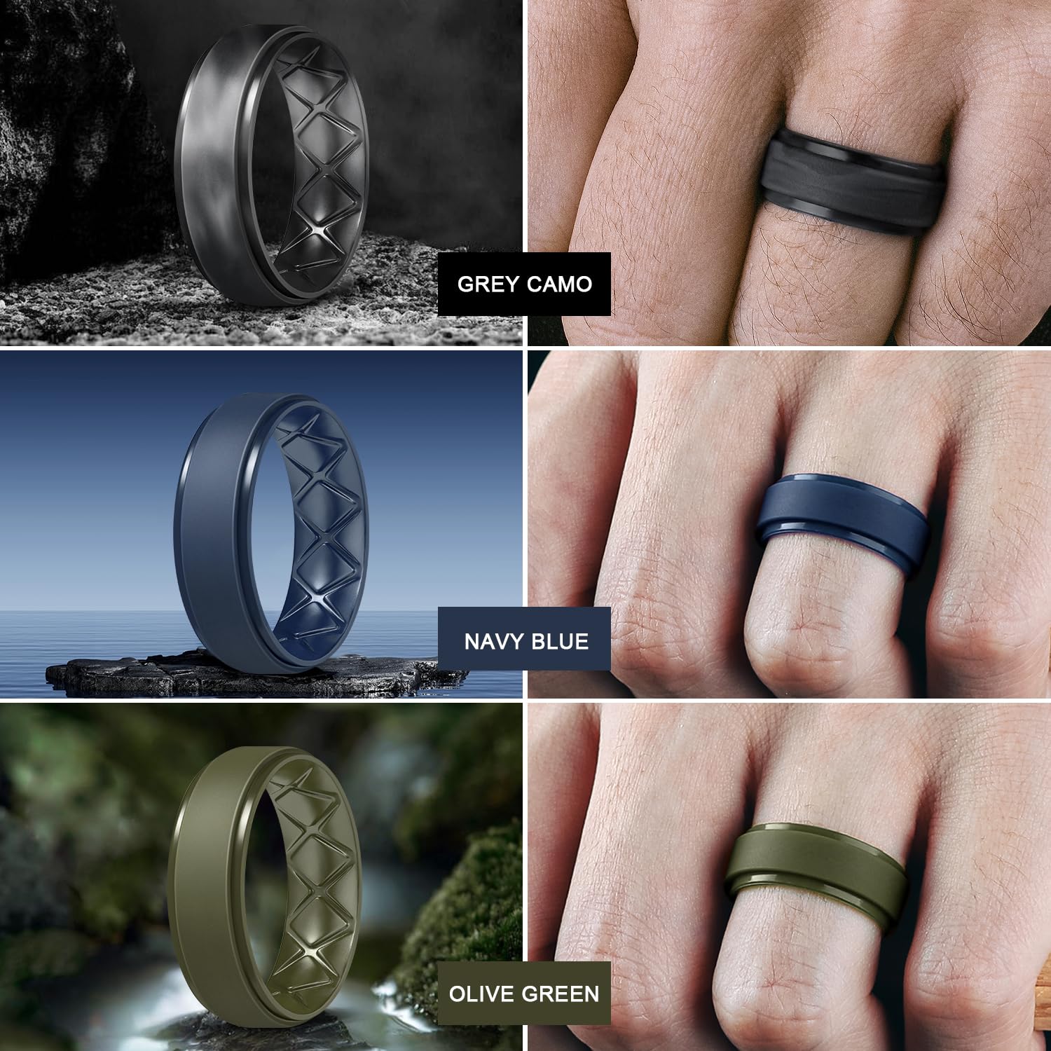 Egnaro Inner Arc Ergonomic Breathable Design, Silicone Rings Mens with Half Sizes, 7 Rings / 4 Rings / 1 Ring Rubber Wedding Bands, 8.5mm Wide-2mm Thick