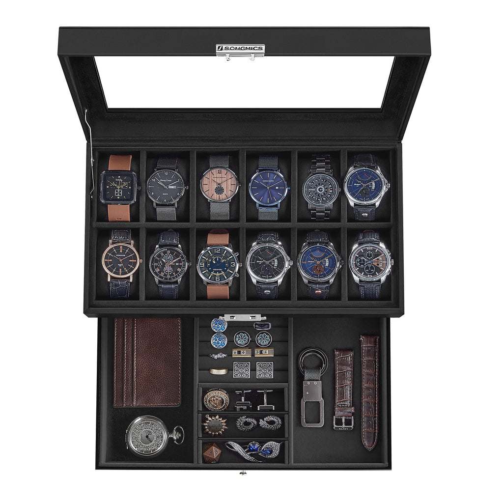 SONGMICS Watch Box, 12-Slot Watch Case Organizer with Large Glass Lid, 2 Layers, Removable Pillows, Metal Lock, Gift for Loved Ones, Black Synthetic Leather, Black Lining UJWB012B03