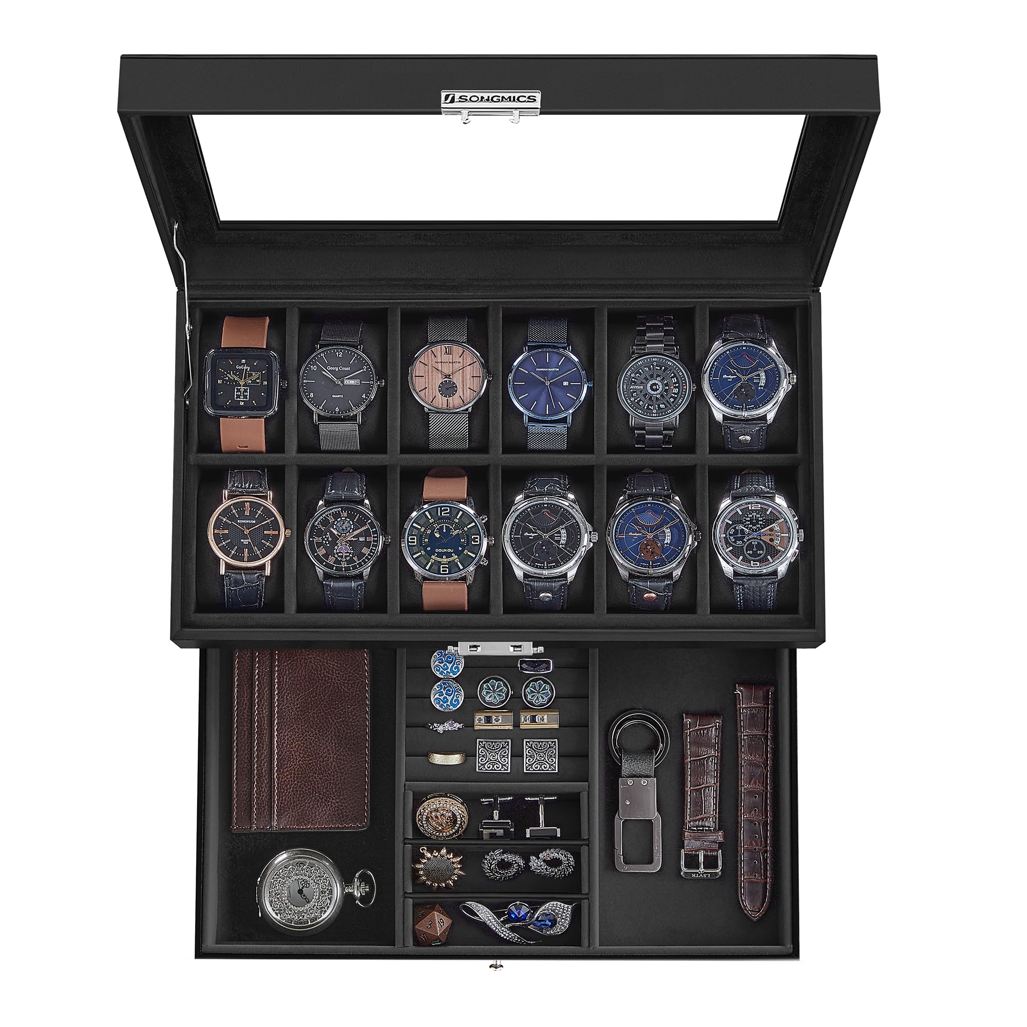 SONGMICS Watch Box, 12-Slot Watch Case Organizer with Large Glass Lid, 2 Layers, Removable Pillows, Metal Lock, Gift for Loved Ones, Black Synthetic Leather, Black Lining UJWB012B03
