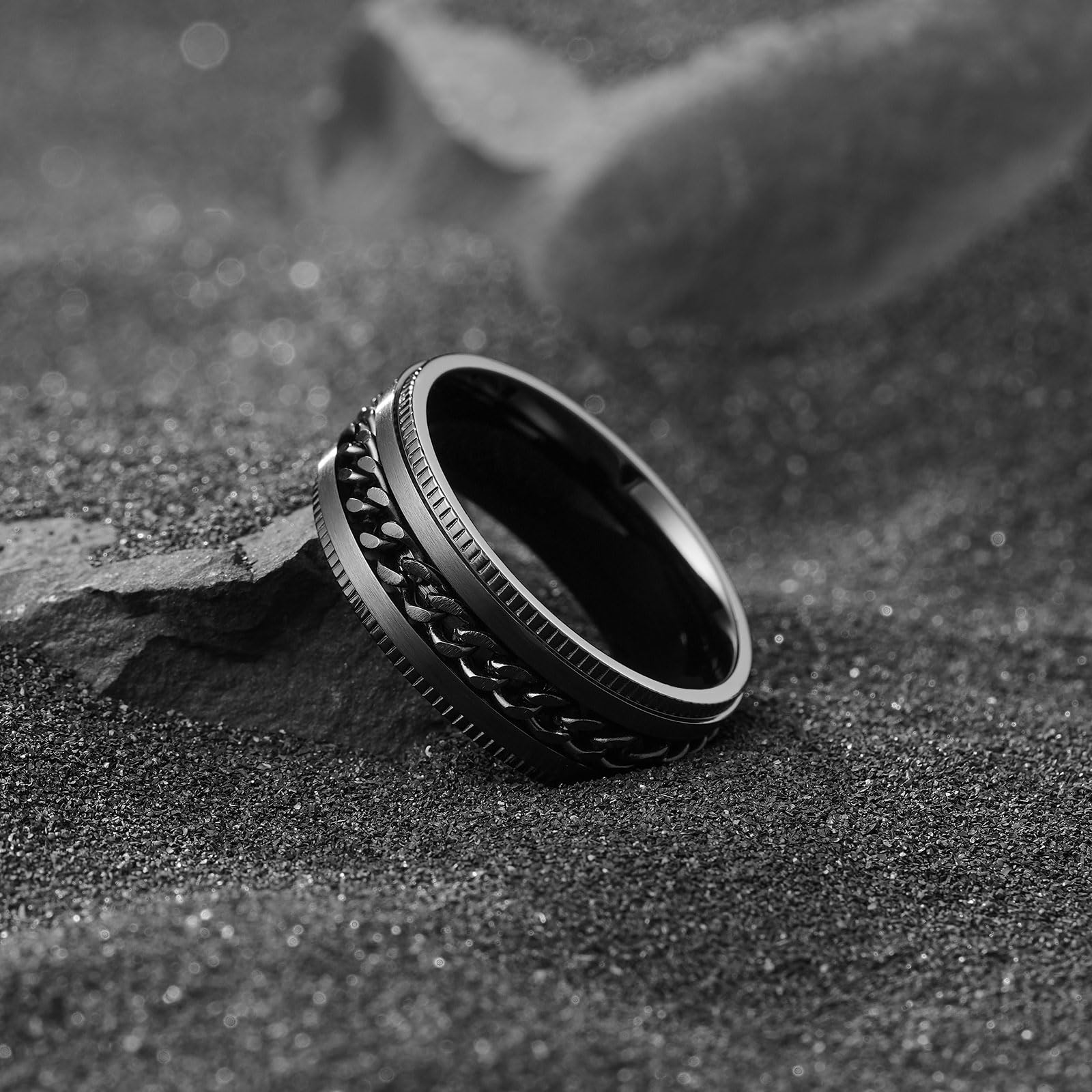 King Will 316L Stainless Steel Fidget Ring for Men Women-8mm Width Black Chain Spinner Ring, Durable Wedding Band with Stress Relief Comfort Fit Fidget Spinner Men's Jewelry Size 10