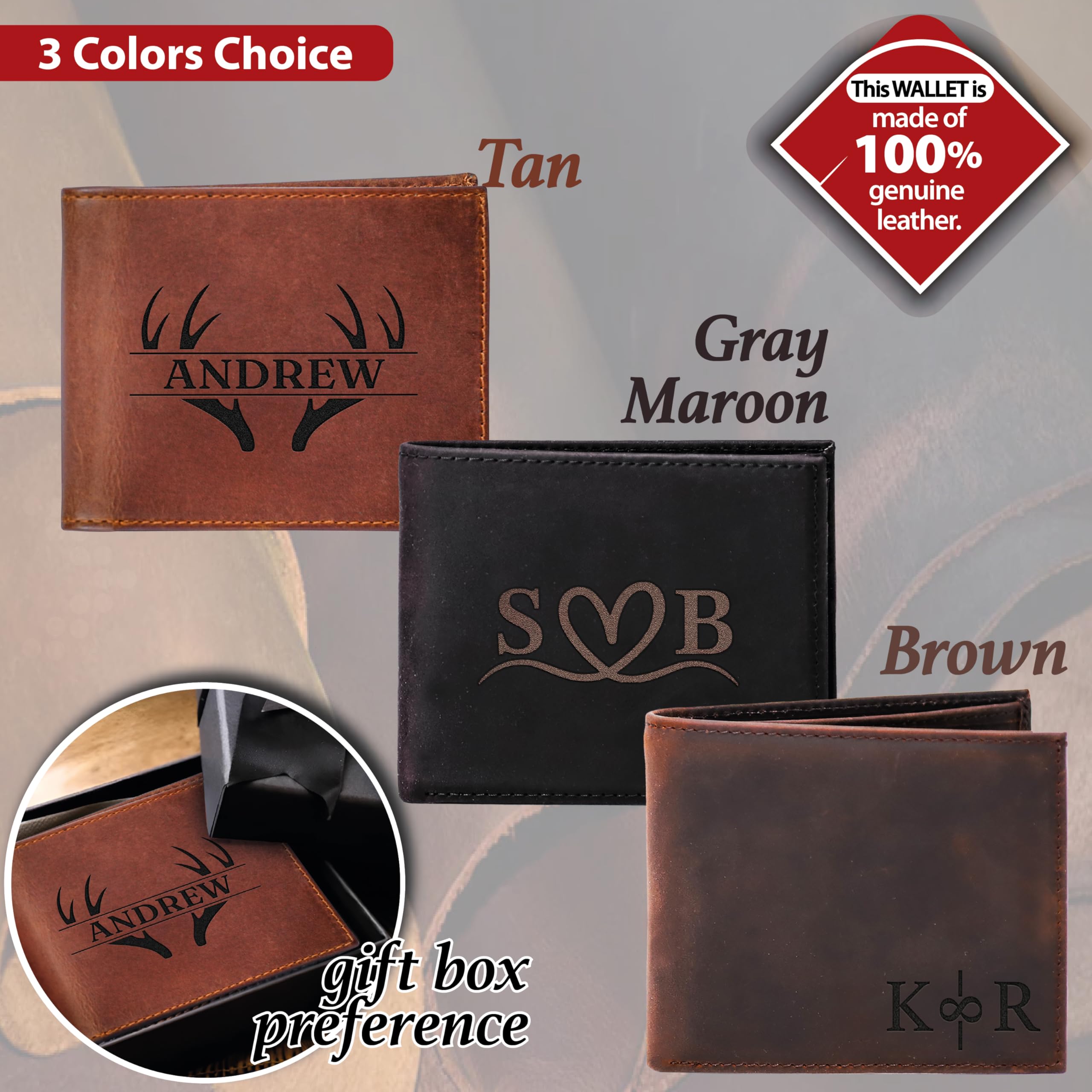 Personalized Leather Wallet for Men, Custom Monogram Gift Wallet for Mens, Birthday Present for Dad, Son, Grandfather, Boyfriend, Father's Day, Wedding Anniversary, Birthday, Graduation, Christmas