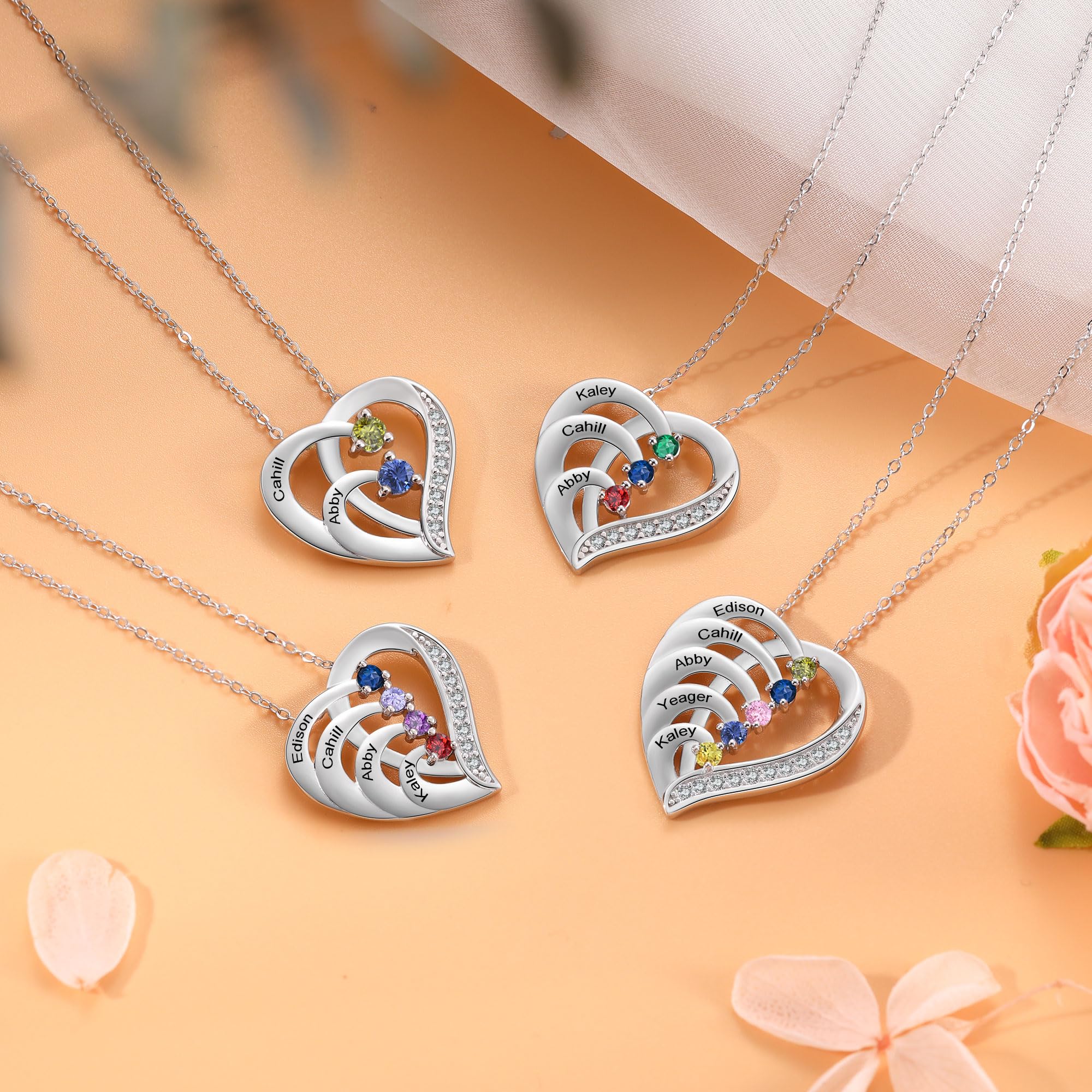 GLAMCARAT Personalized mothers necklace with birthstones names sterling silver jewelry for women customized engraved necklace (4 stones & names)