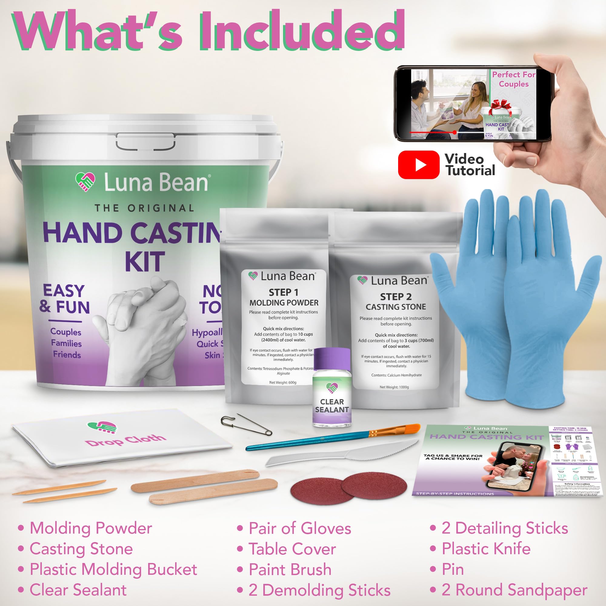 Luna Bean Hand Casting Kit – The Original Hand Mold Kit for Couples – Christmas Gifts, Bridal Shower, Wedding, Engagement Gifts for Her Him Anniversary for Men Women Wife Husband Boyfriend Girlfriend