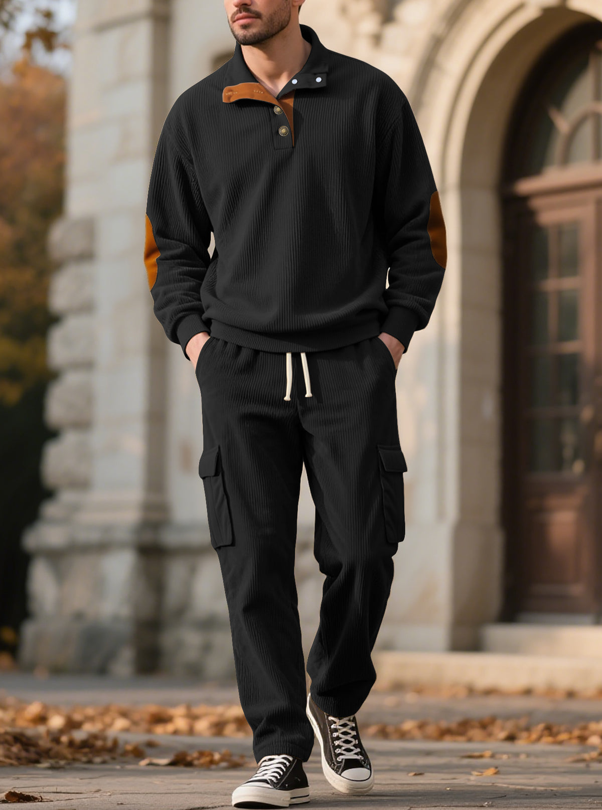 Corduroy Sweatshirt And Sweatpants Stand Collar Access Front View