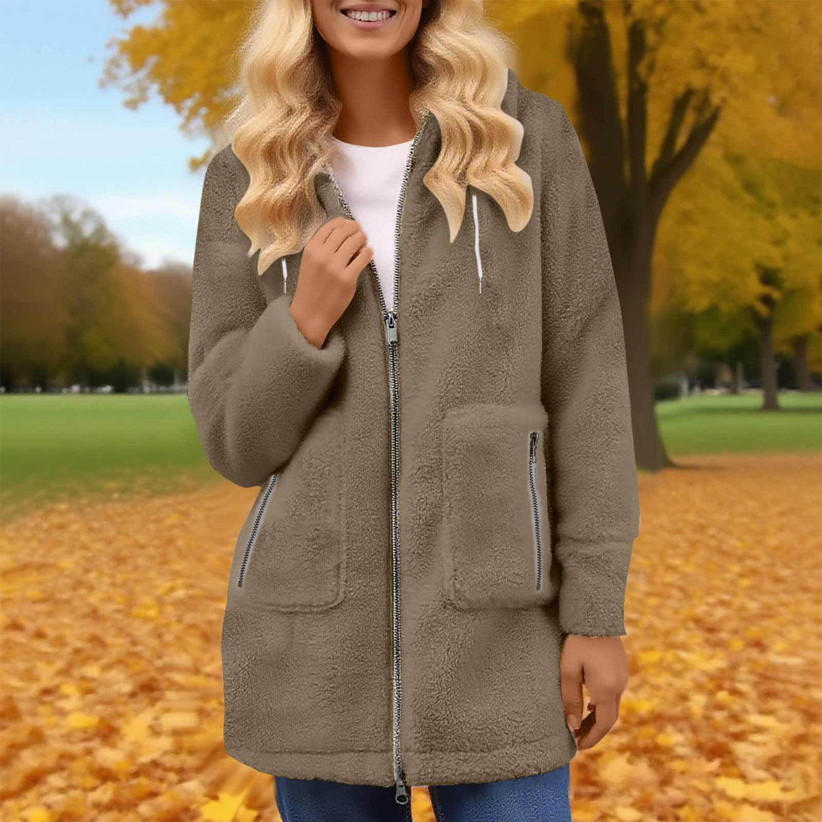Fashion Autumn And Winter Zipper Pocket Lamb Wool Coat