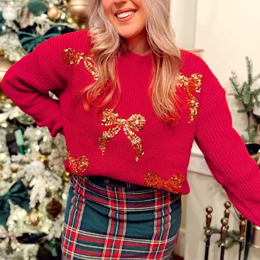 Women's Christmas Decorative Sequins Round Neck Sweater
