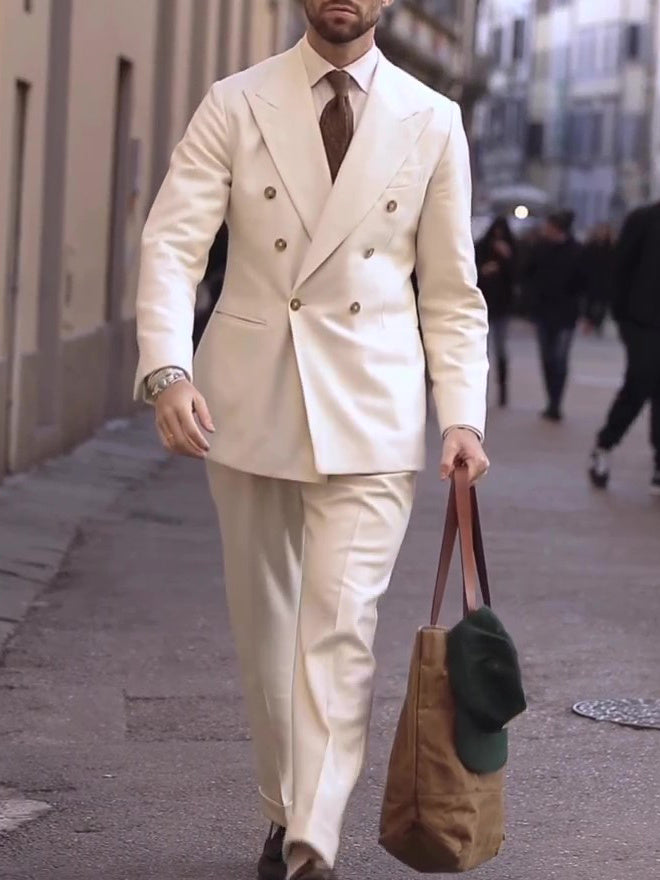 Cream Double-Breasted Men's Suit back view