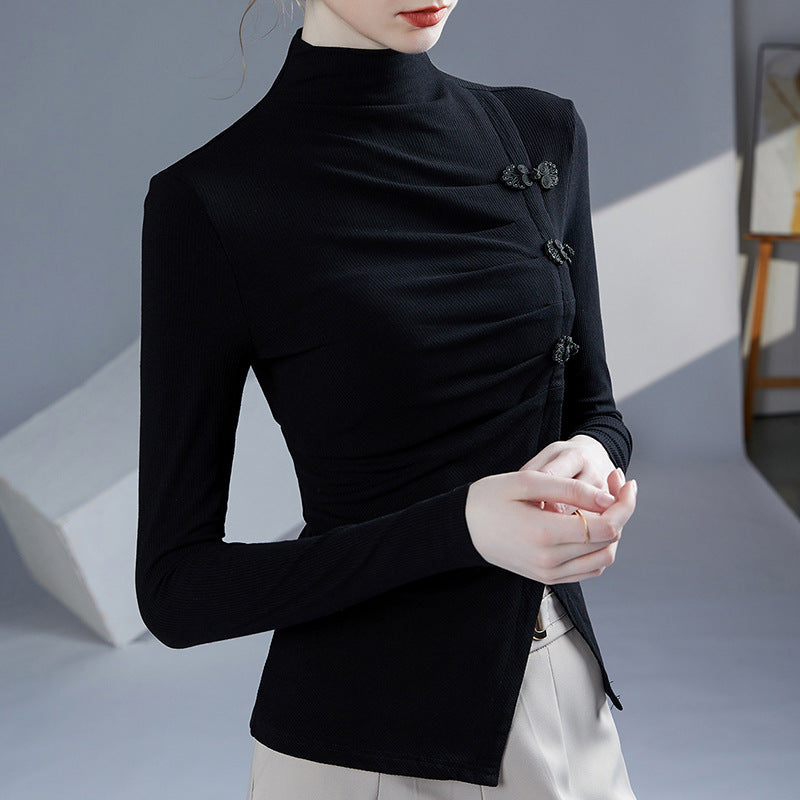 Autumn New Retro Frog Long Sleeve Small Shirt Temperament Split Pleated Inner Wear Outer Wear Women's Top
