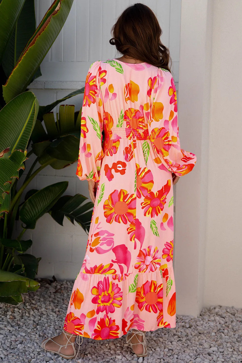 Beige Floral Print Smocked Detail V Neck Puff Sleeve Flowy Maxi Dress