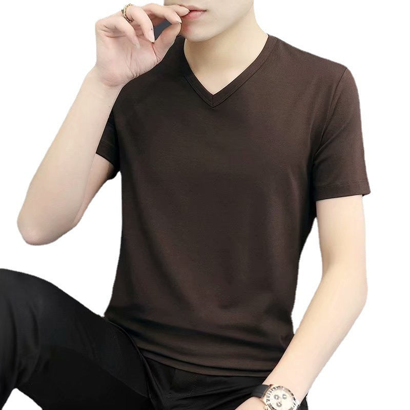 Mens Short-Sleeve V-Neck T-Shirt Summer Slim-Fit White All-Match Tee