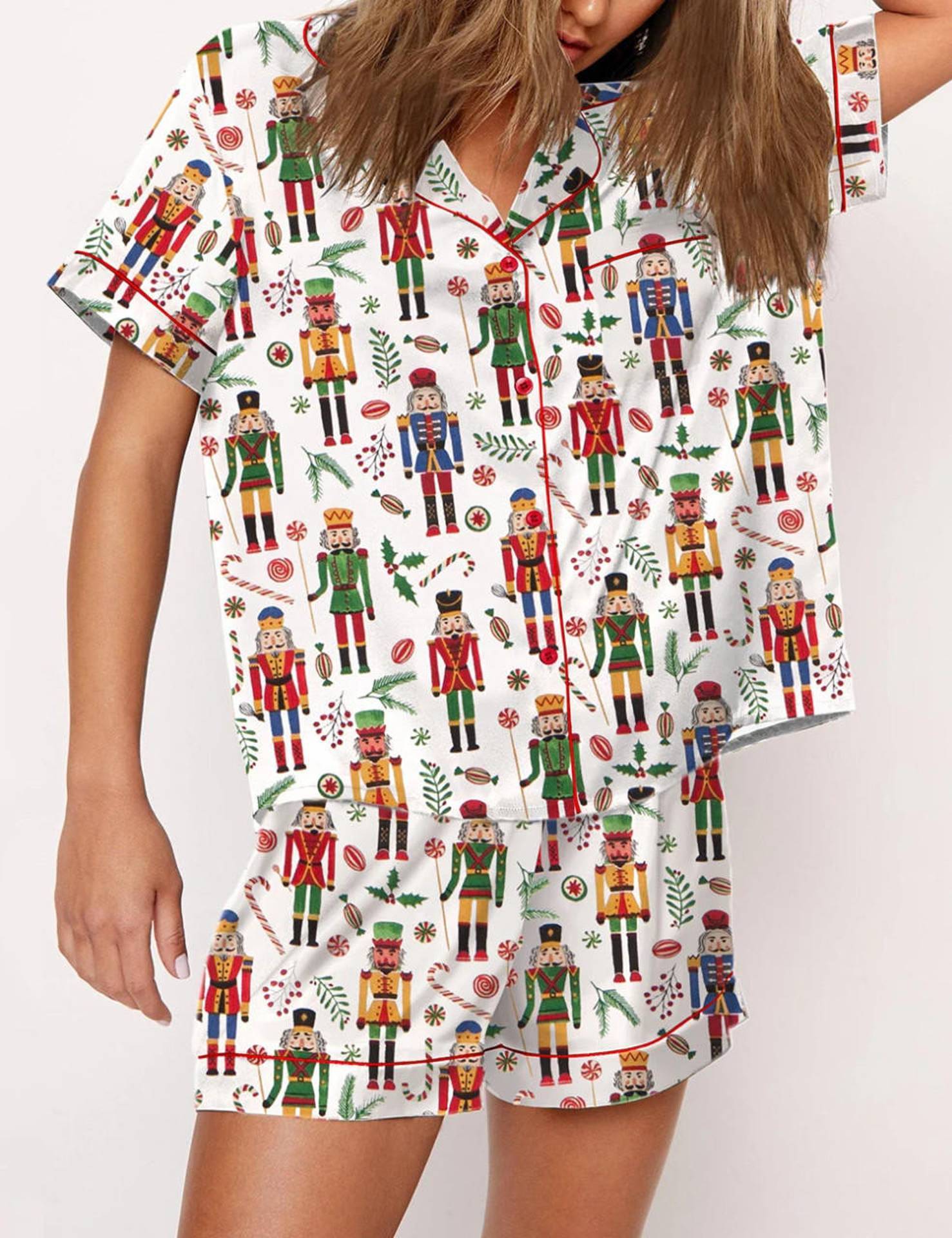 Autumn Christmas Digital Printing Lapel Short Casual Women Top Front View