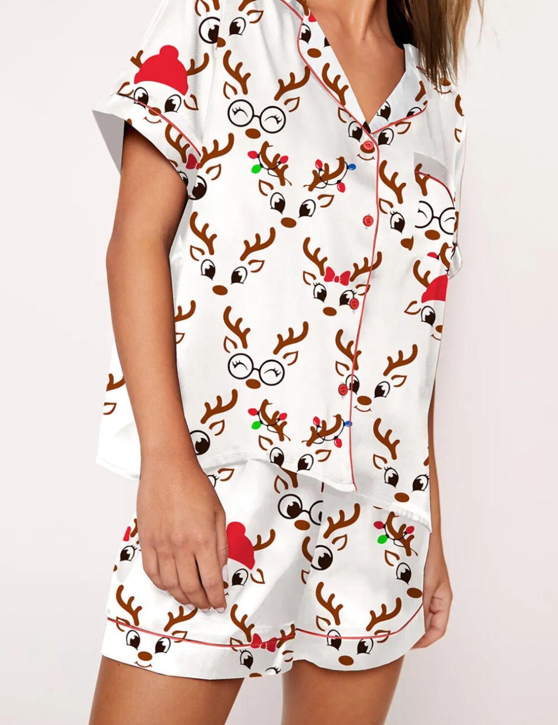 Autumn Christmas Digital Printing Lapel Short Casual Women Top Front View