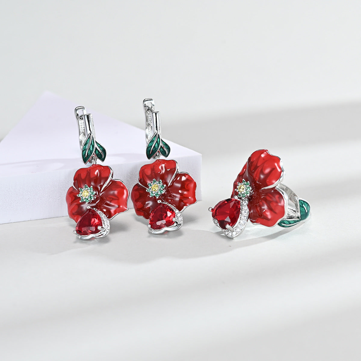 Love Heart-shaped Ring Enamel Epoxy Earrings Zircon Pendant Necklace Set