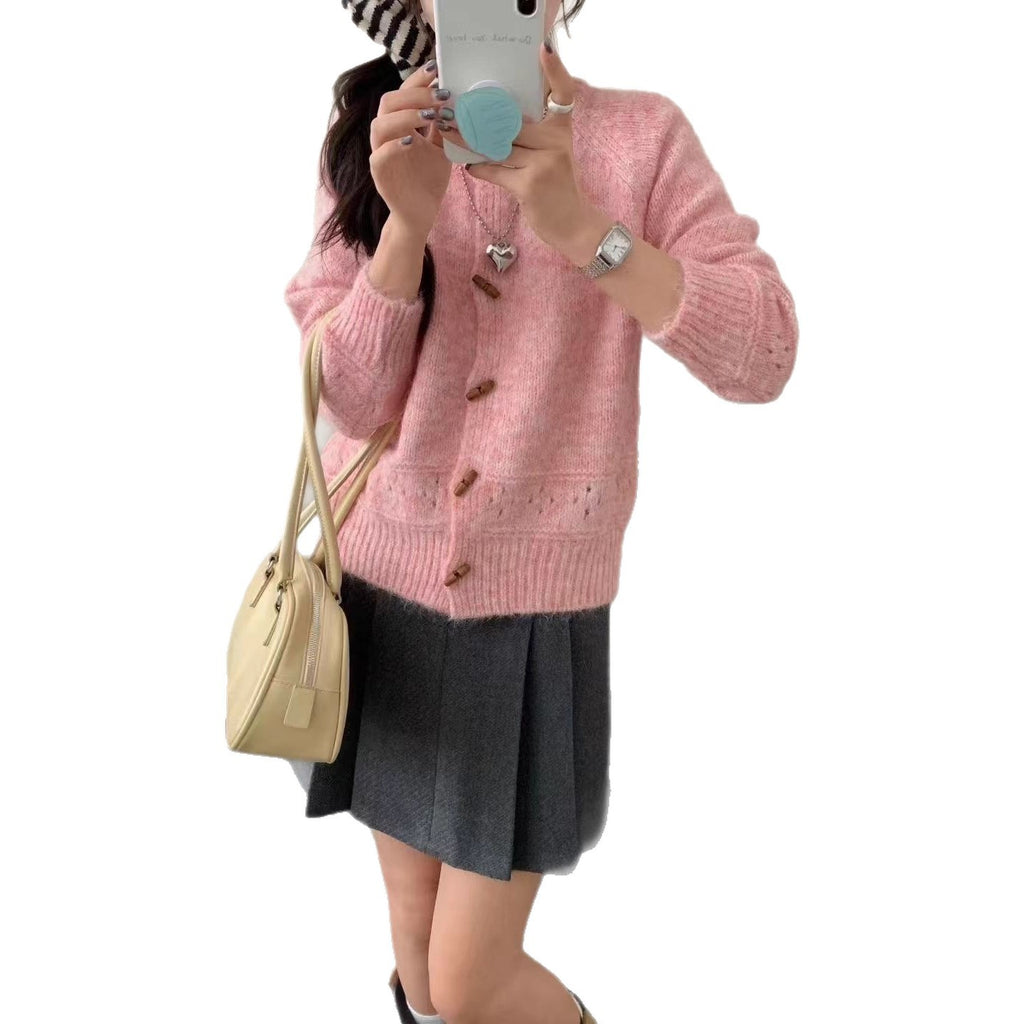Atmosphere Horn Button Solid Color Soft Glutinous Knitted Cardigan