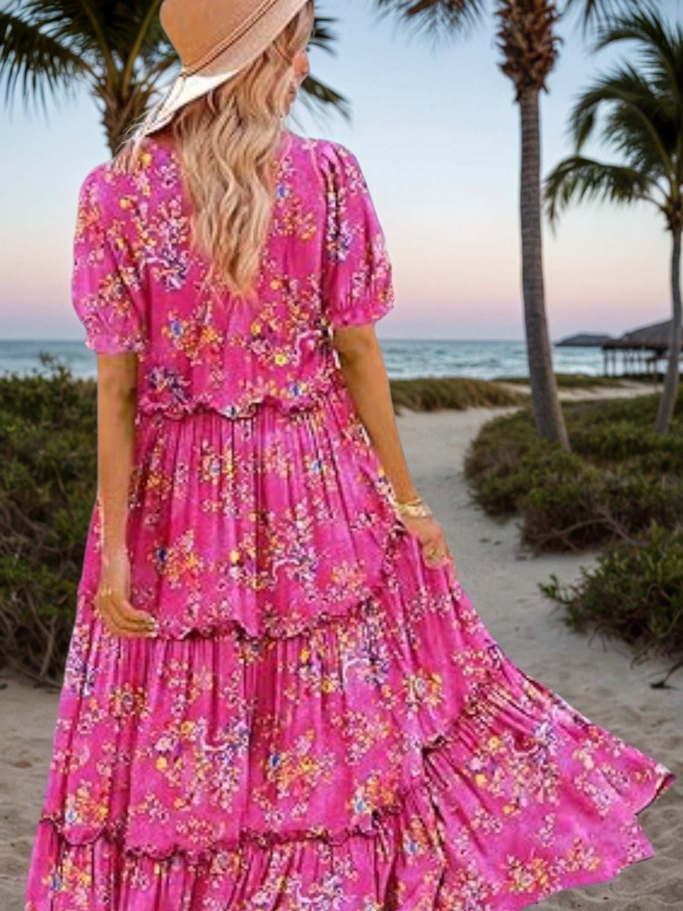 2025 New Summer Casual Bohemian Flower Dress Women's Bubble Short Sleeve Long Dress With Pocket