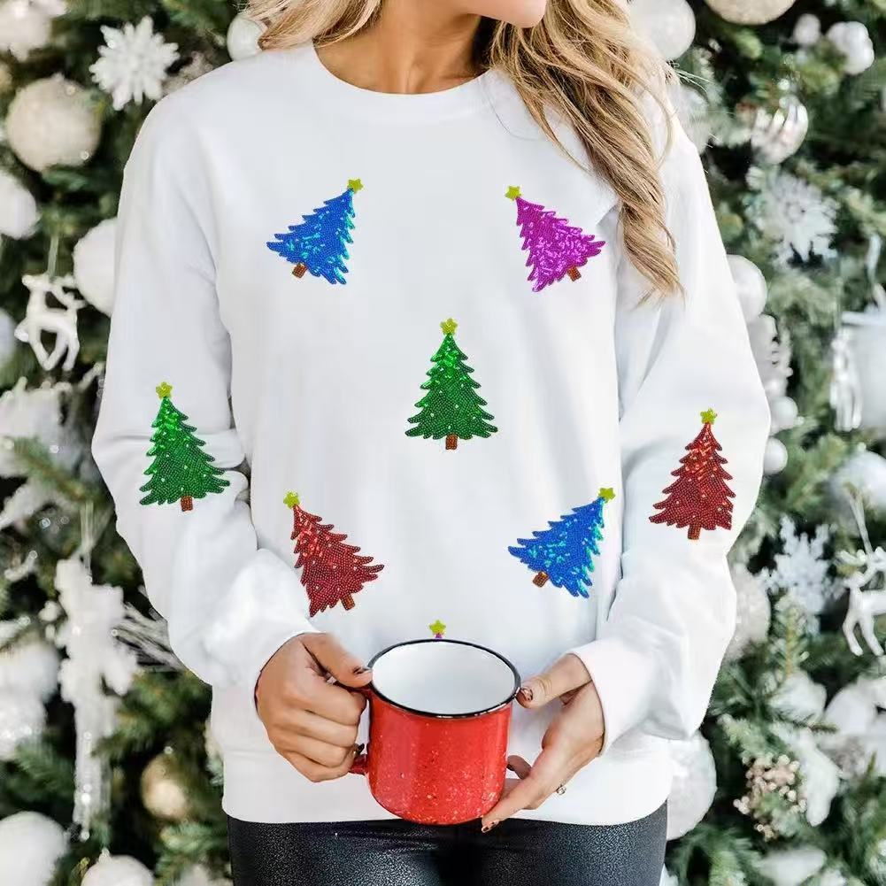 Shiny Christmas Tree Patch Sweater For Women
