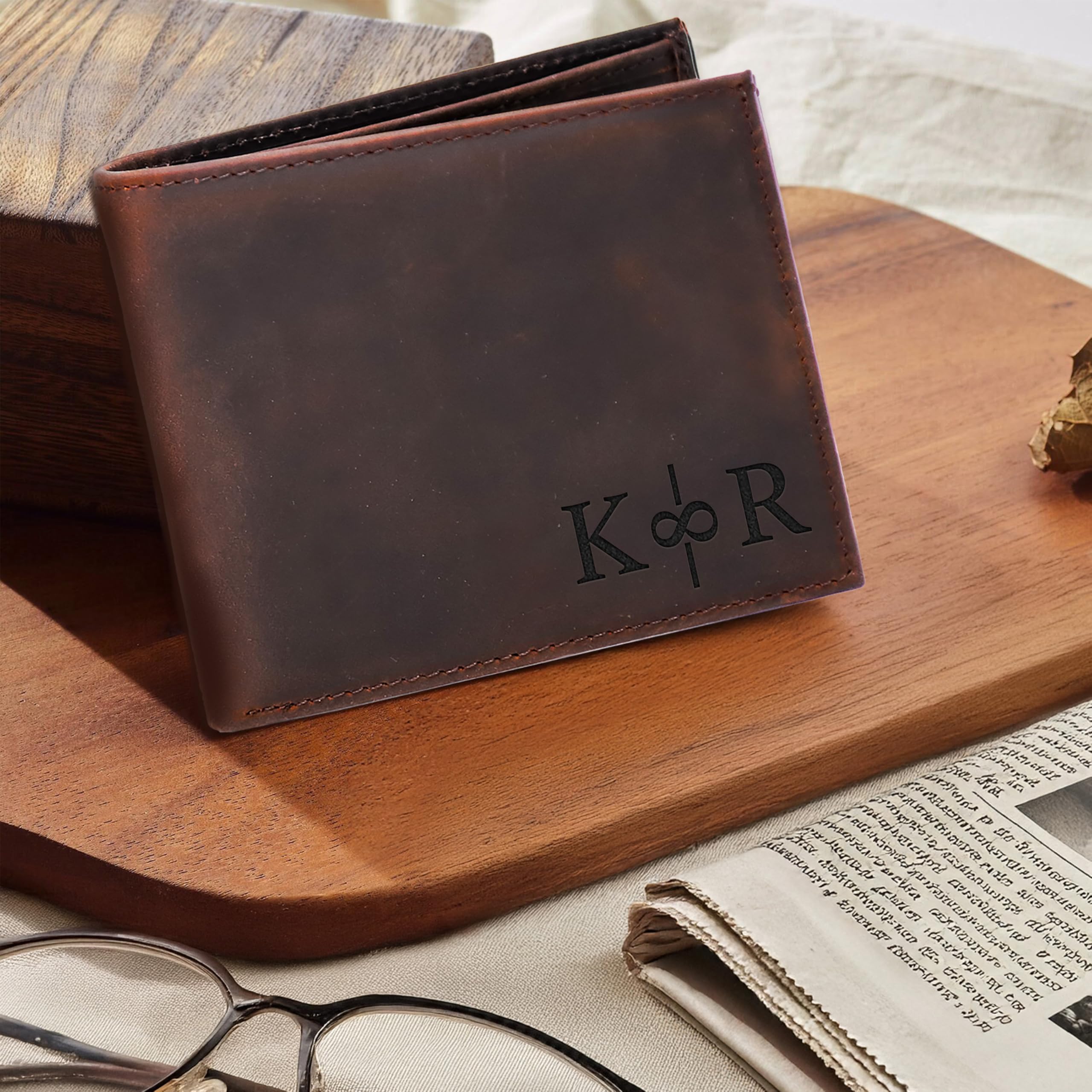 Personalized Leather Wallet for Men, Custom Monogram Gift Wallet for Mens, Birthday Present for Dad, Son, Grandfather, Boyfriend, Father's Day, Wedding Anniversary, Birthday, Graduation, Christmas