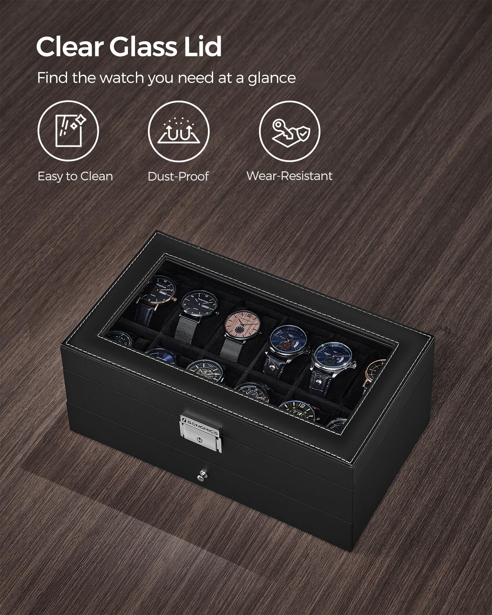 SONGMICS Watch Box, 12-Slot Watch Case Organizer with Large Glass Lid, 2 Layers, Removable Pillows, Metal Lock, Gift for Loved Ones, Black Synthetic Leather, Black Lining UJWB012B03