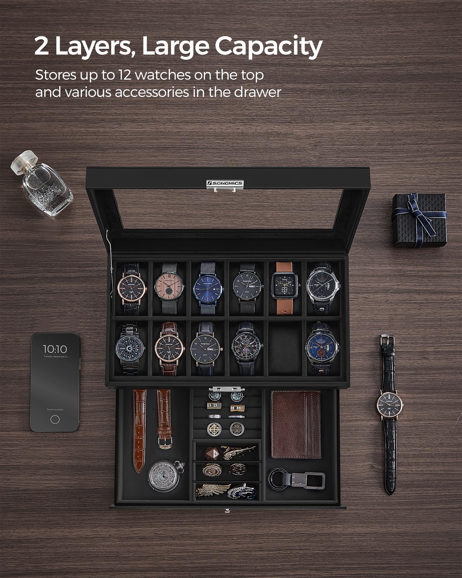 SONGMICS Watch Box, 12-Slot Watch Case Organizer with Large Glass Lid, 2 Layers, Removable Pillows, Metal Lock, Gift for Loved Ones, Black Synthetic Leather, Black Lining UJWB012B03