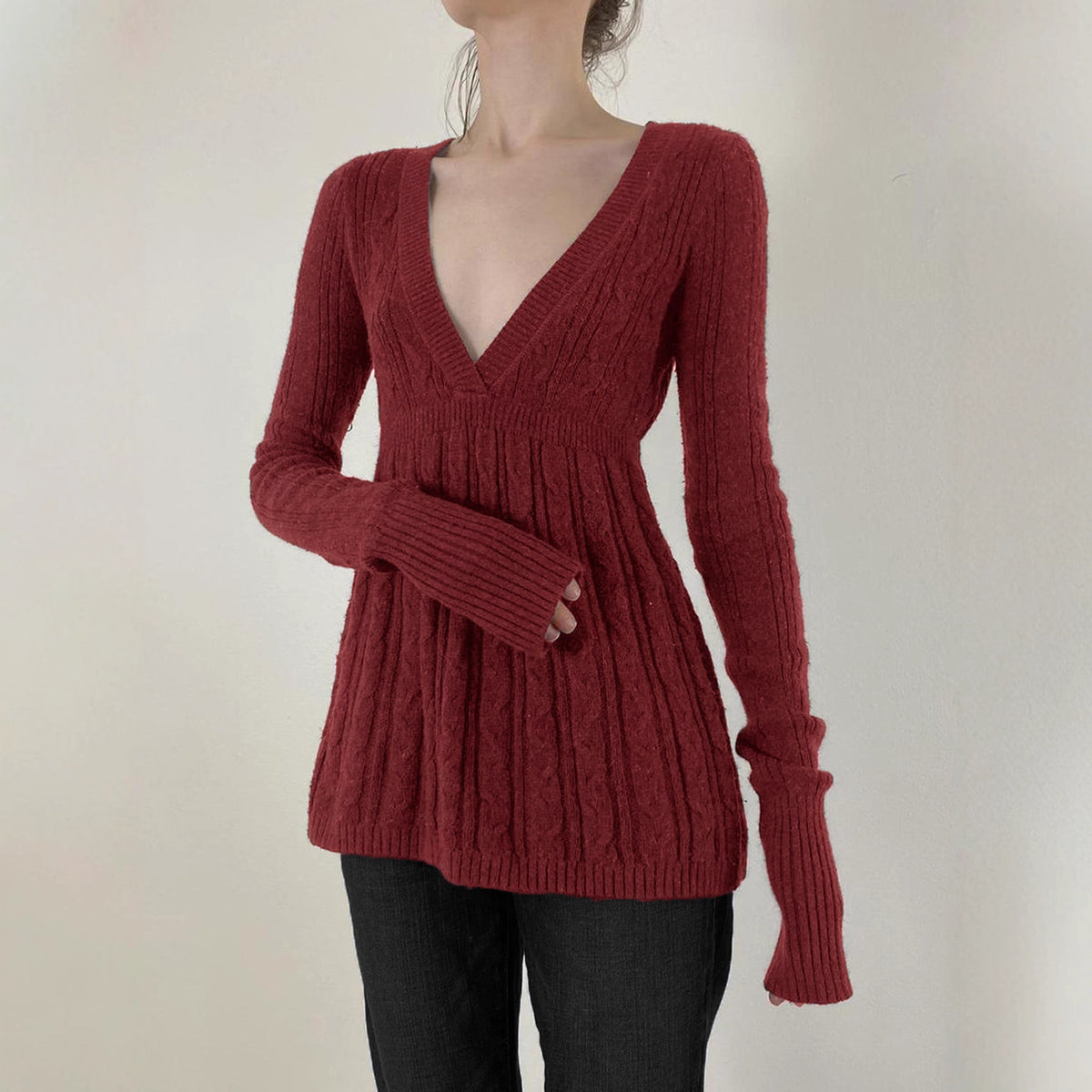 Retro Low-cut V-neck Casual Style Long Sleeve