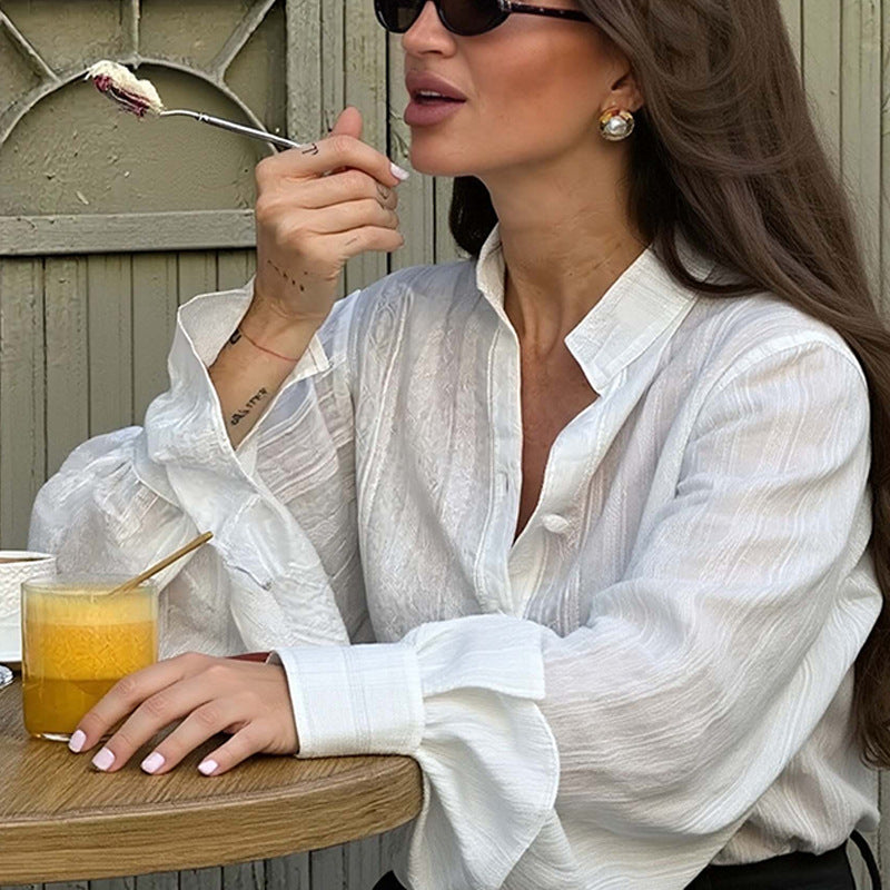 Bell Sleeve Lapel Long Sleeve High-grade White All-matching Shirt Coat
