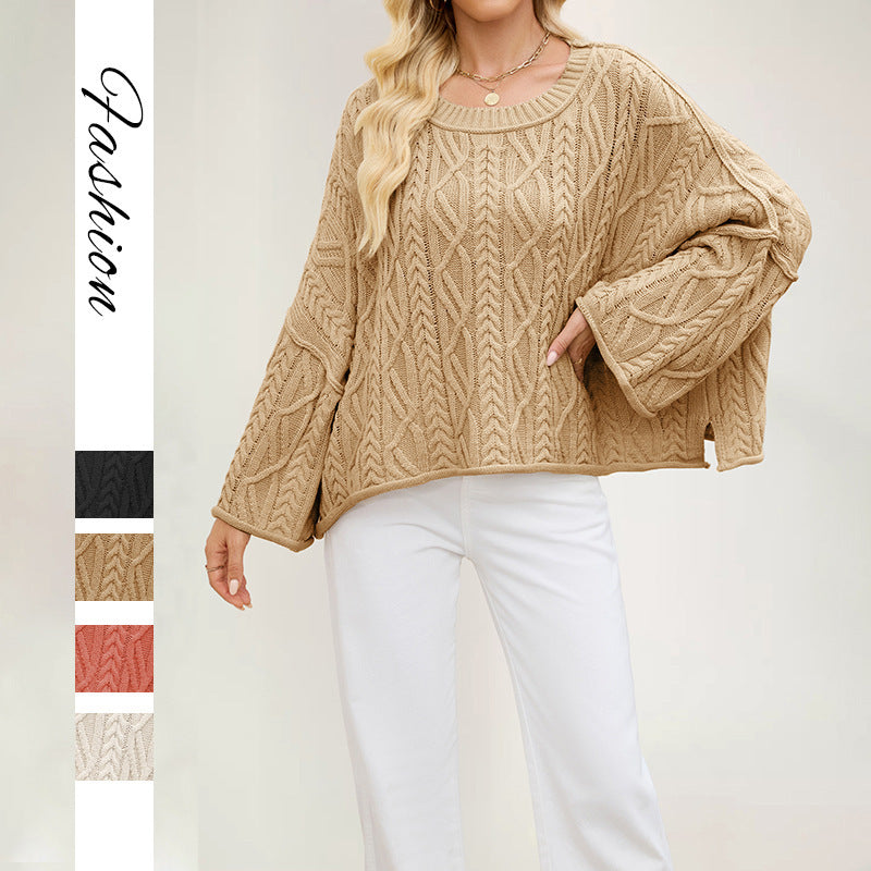 2 O-neck Short Cable Loose-fitting Solid Color Sweater