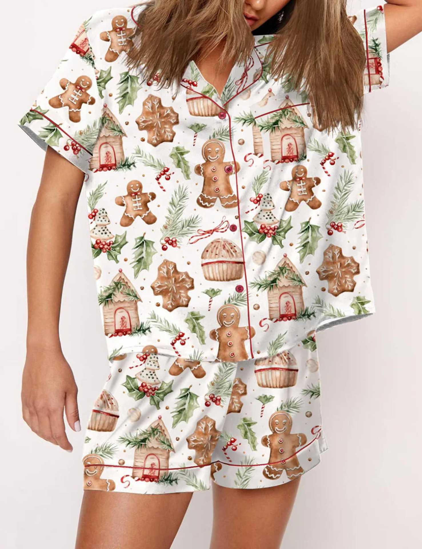 Autumn Christmas Digital Printing Lapel Short Casual Women Top Front View