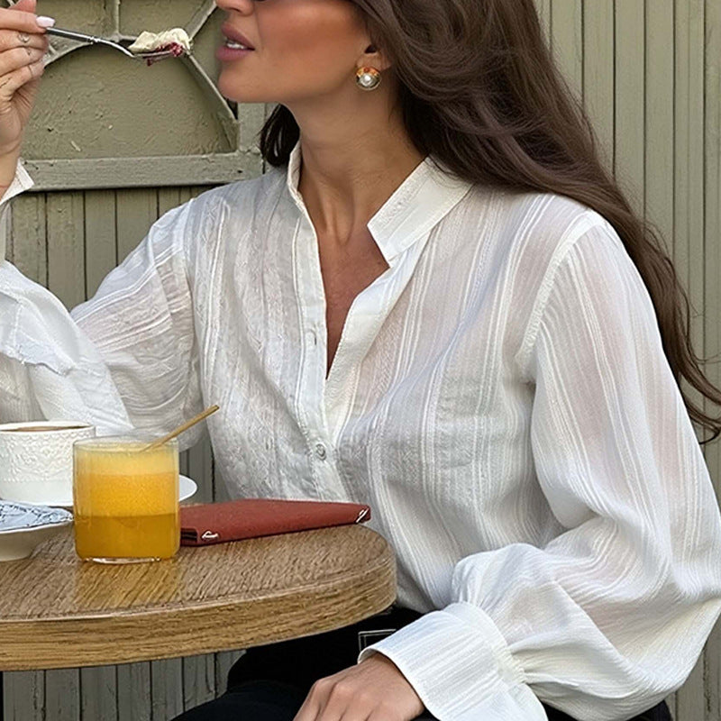 Bell Sleeve Lapel Long Sleeve High-grade White All-matching Shirt Coat