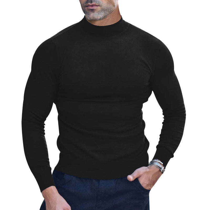 Man wearing a black turtleneck sweater on a white background