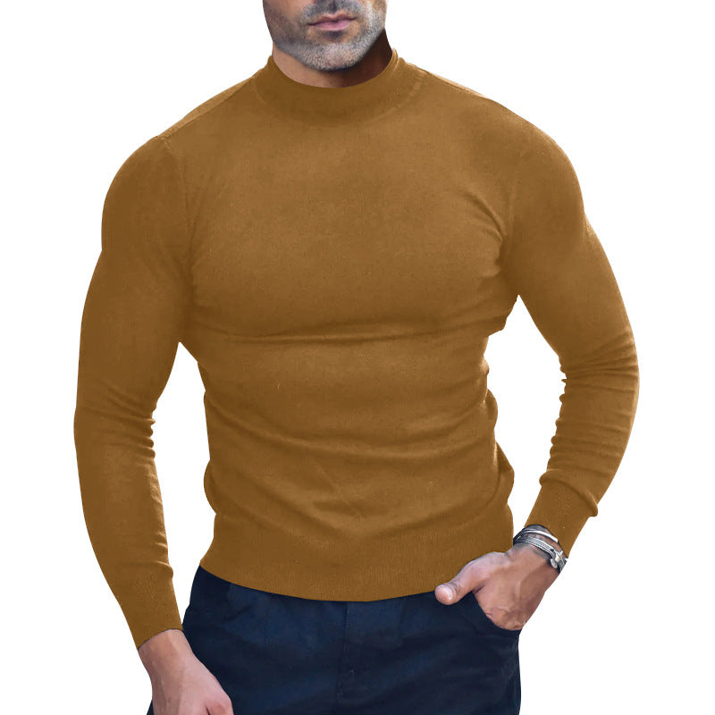 Man wearing a brown long-sleeve shirt on a white background