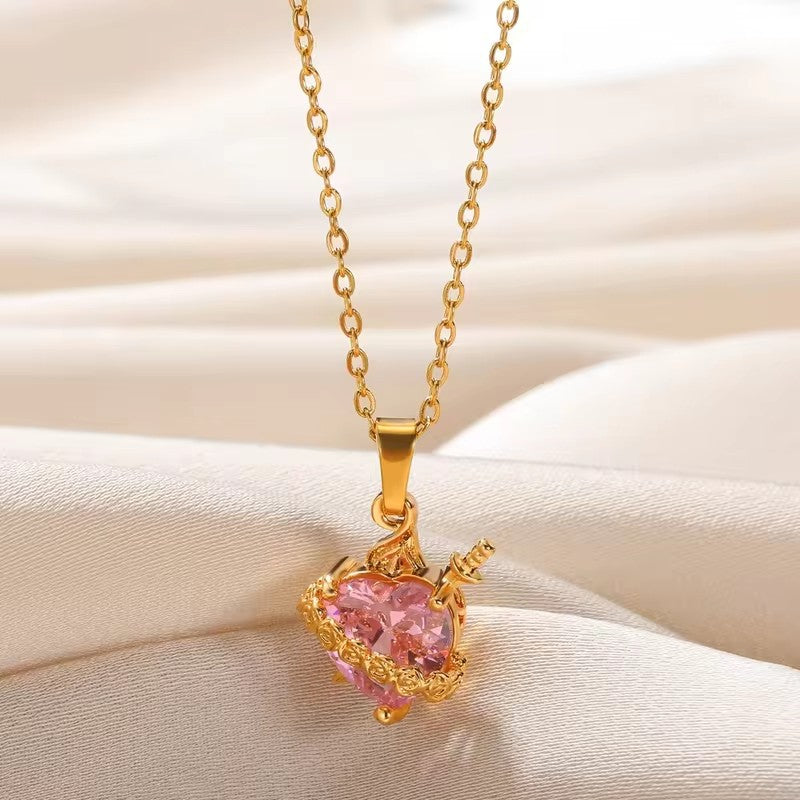 Cupid Elos Arrow Heart Flower Pendant With Brick Crystal Necklace