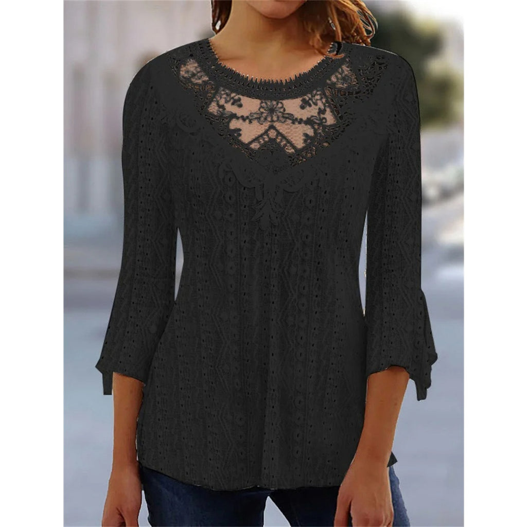 2023 Summer New Comfortable Leisure Hollow Out Perspective Lace Splicing Seven Quarter Sleeve Top