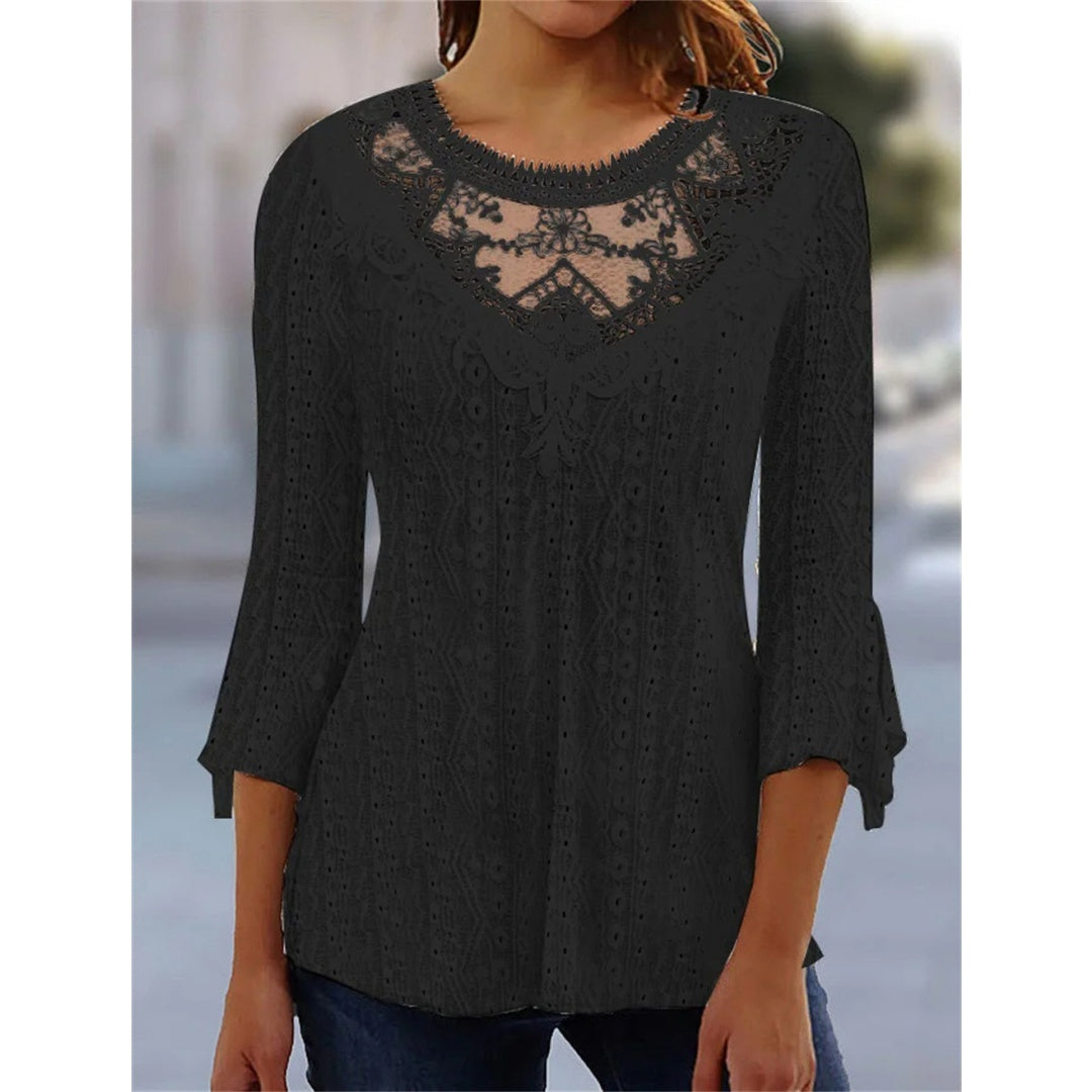 2023 Summer New Comfortable Leisure Hollow Out Perspective Lace Splicing Seven Quarter Sleeve Top