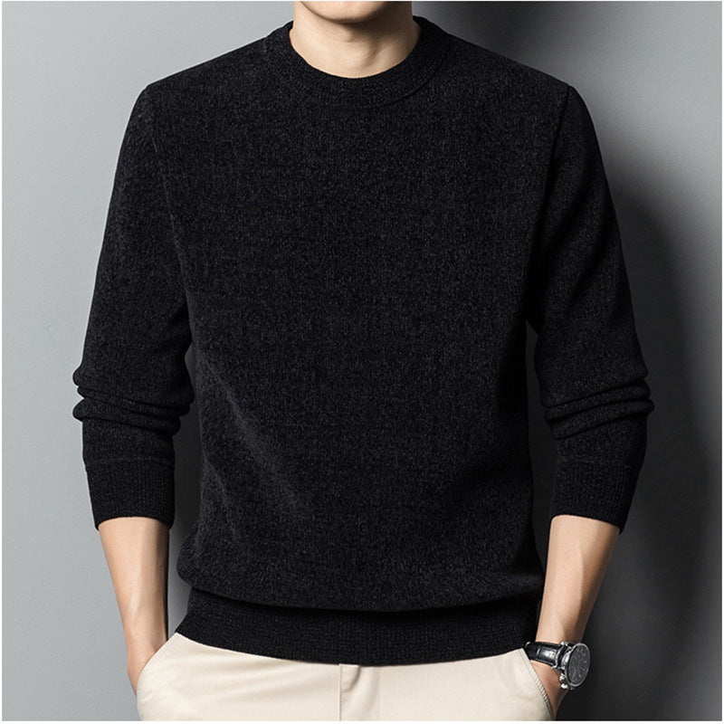 Fleece-Lined Keep Warm Pure Color Men's Sweater front view